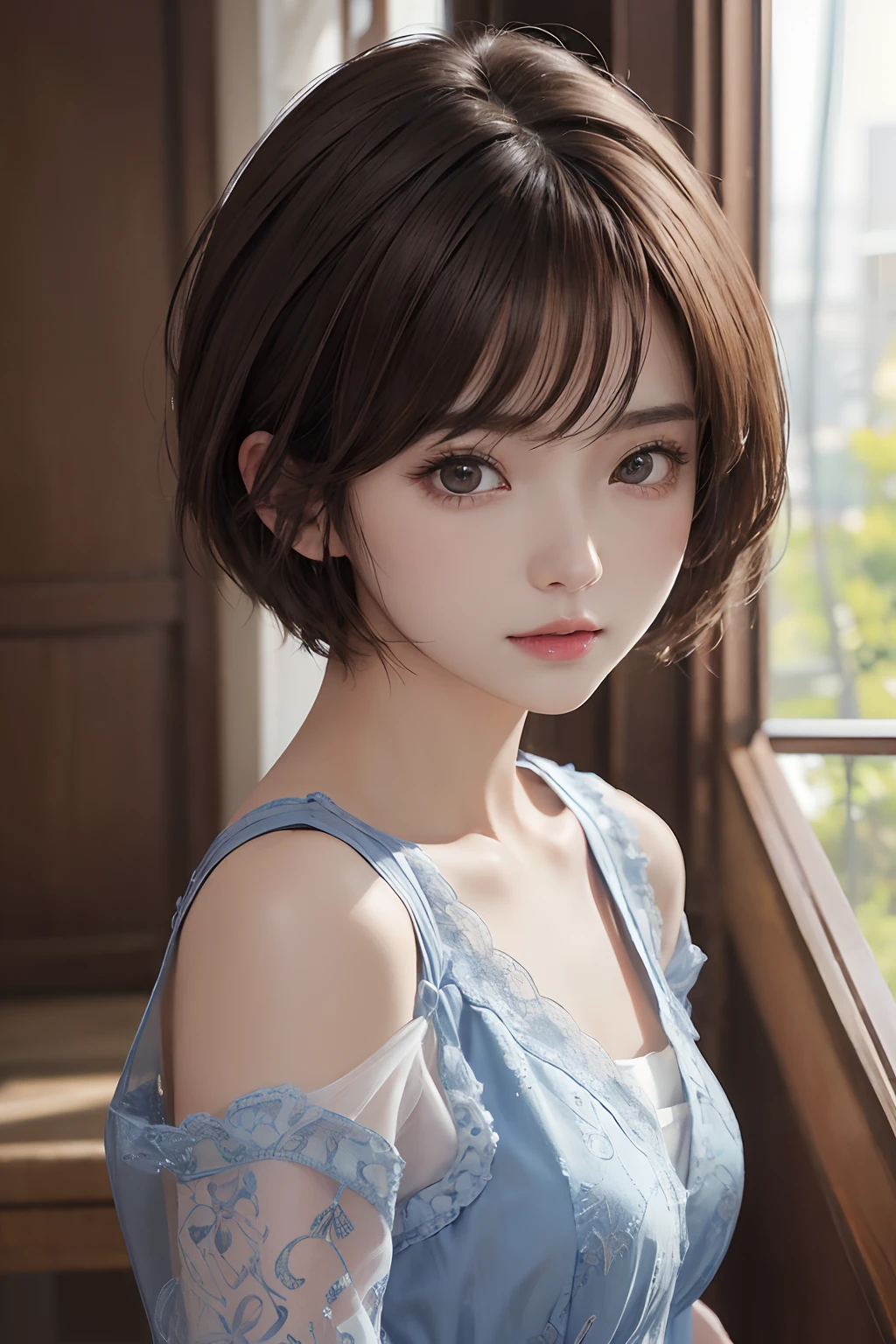 (masuter piece:1.3)、(8K、Photorealsitic、Raw photography、top-quality: 1.4)、(1girl in、25-years old)、beautiful countenance、( adult face)、(Brown ash、short-hair:1.3)、Beautiful hairstyle、realisticeyes、Beautiful details、（real looking skin）、Beautiful skins、（Ren Hao）、absurderes、enticing、超A high resolution、A hyper-realistic、high-detail、the golden ratio