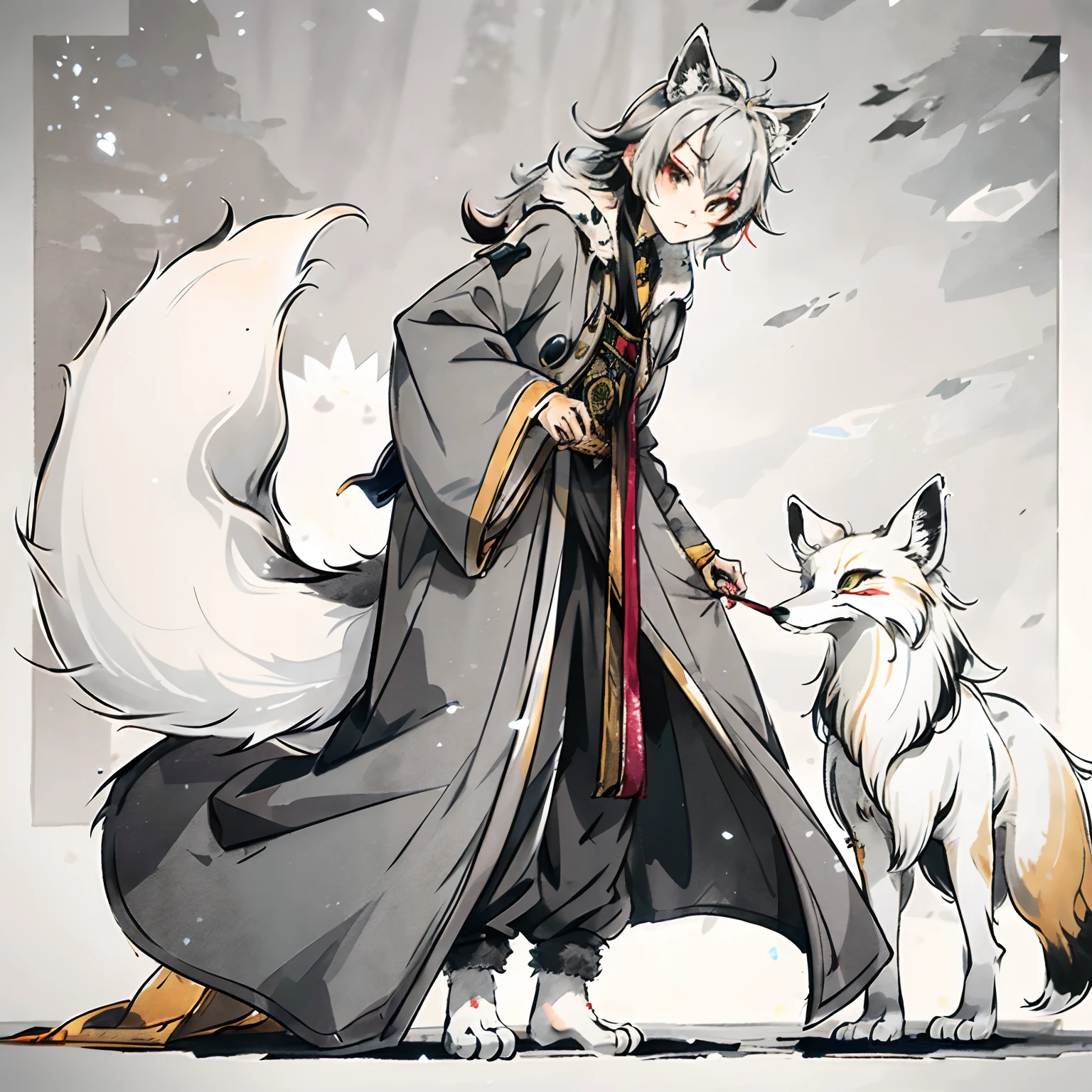 (Best picture quality),(tmasterpiece),,(((solo person))),(ultra - detailed),(Male arctic fox:1.5), (Light gray skin:1.3), (pale gray fur:1.3),((Golden pupils)),Red eyeliner, ((Canine paws)), ((Gray paws)),(grey ears),Sharp focus,(The furry feeling of animal ears),Wearing a black magician's robe,magnificent robe,Wearing a magic hat,Stand on the streets of the Middle Ages,Detailed characters,detailedbackground,The barefoot