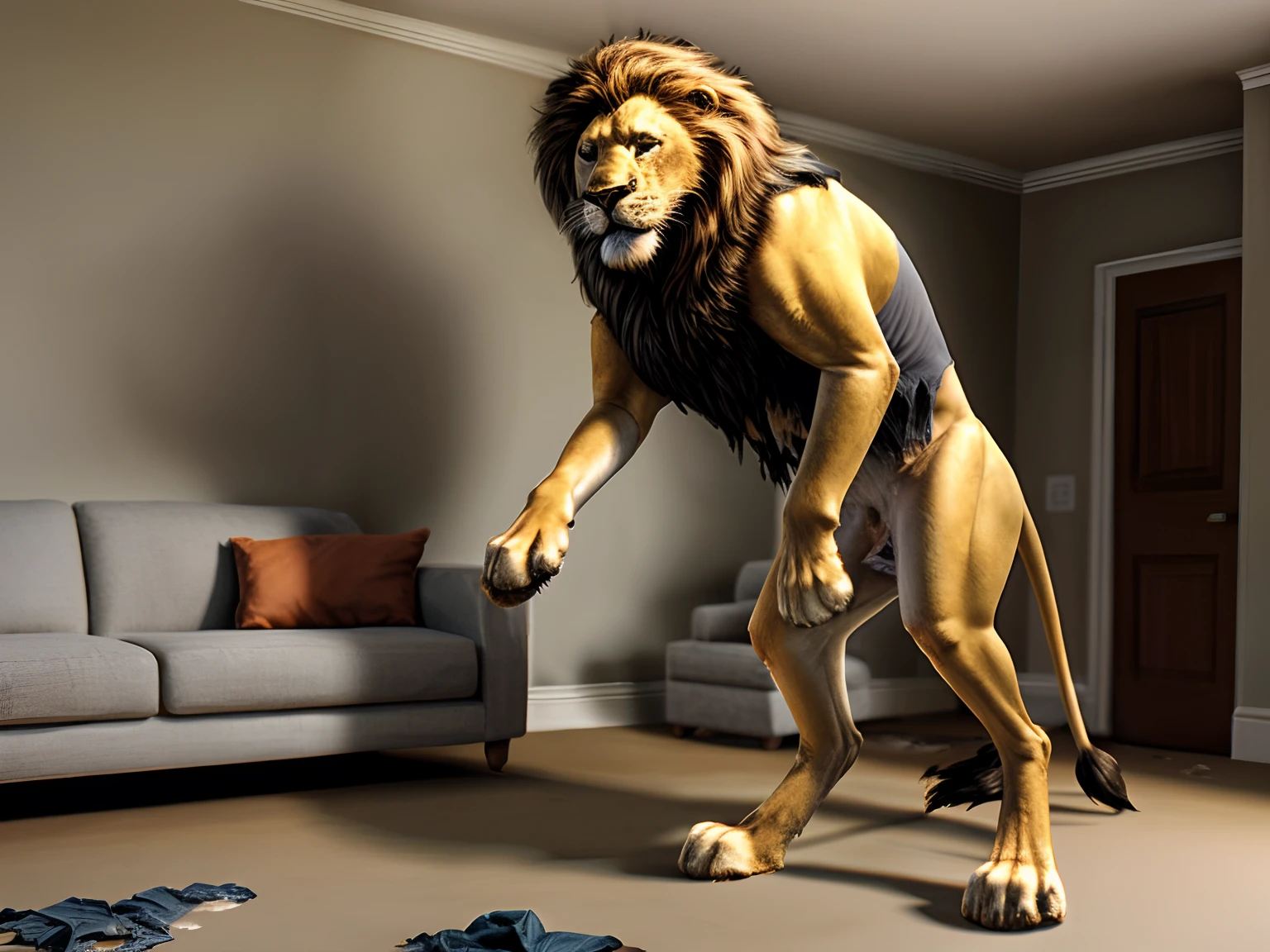 Male human mid-transformation into feral lion, digitigrade, living room, mid transformation, halfway between human and lion, torn clothes, surprised, solo, alone, safe for work, sfw, almost human torso with lion fur and feral lion legs and feral lion arms and head