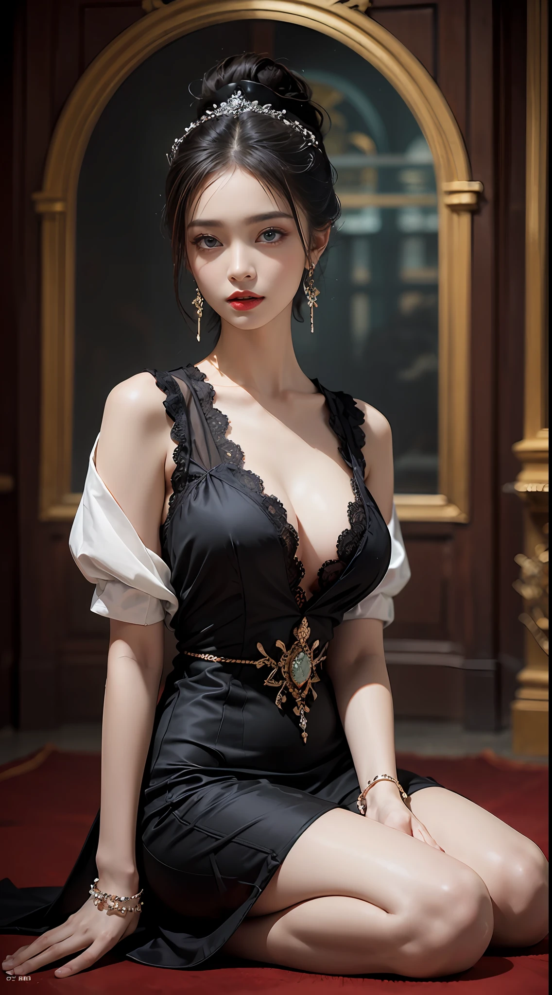8K Ultra HD, Masterpiece, Best quality, A beautiful girl, Long hair, Impressive hairstyle, Royal hair accessories, Nice and cute face, Flawless face, jewelry earrings, Antique jewelry, details eyes, Beautiful eyes, meticulous makeup, Thin eyebrows, Beautiful red lips, huge tit, Black mesh socks, Thin black silk shirt,With many black patterns, Black lace shirt, Long bangs and long platinum black ponytail, Realistic colors, Magic effects, ancient hanfu background, head straight-looking at viewer, Sitting, Full body capture,
