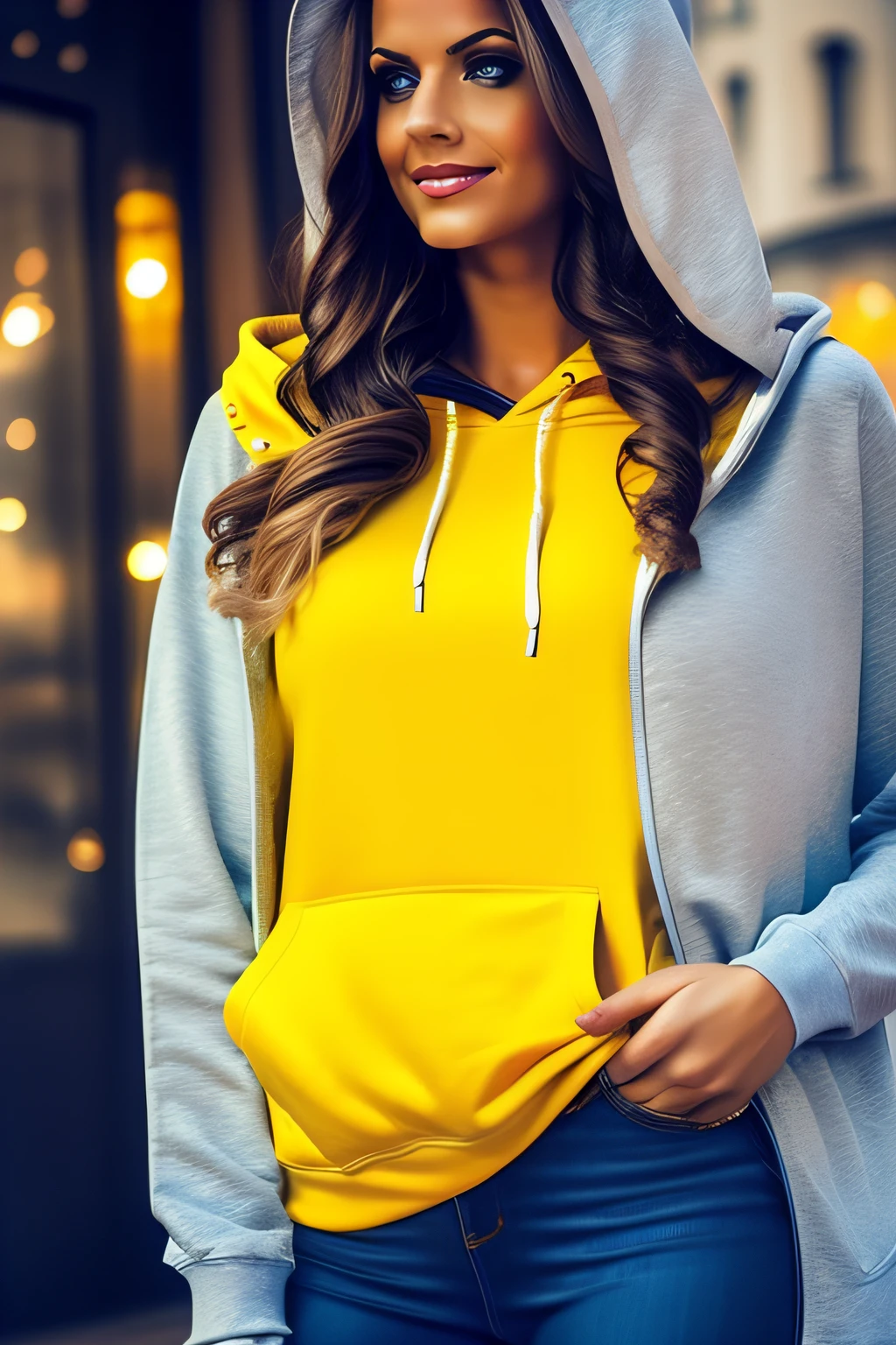 Yellow hooded sweatshirt，full bodyesbian，eBlue eyes，hot girls，European and American，Cafe