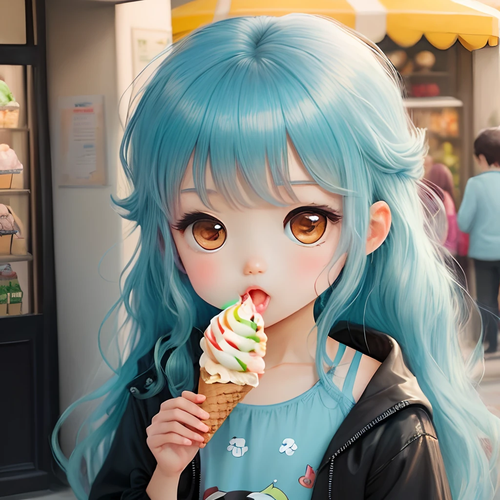Chibi Anime guy long hair eating ice cream blue top