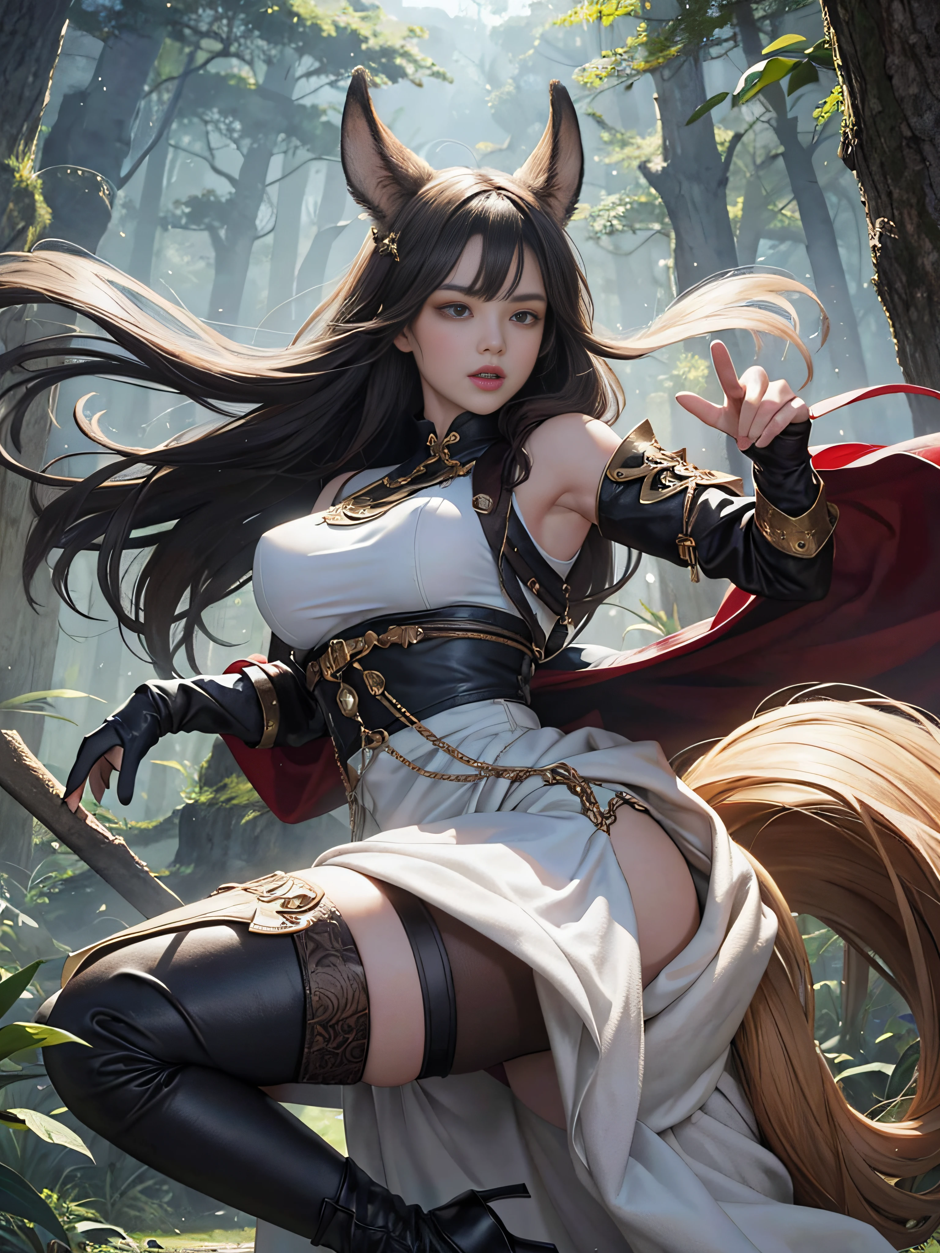 (Hyper-realistic) , (illustratio), (Increase the resolution), (8K), (extremely detaile), (Most Best Illustration), (美丽细致的眼睛), (best qualtiy), (ultra - detailed), (tmasterpiece), ( the wallpaper), (详细的脸), （There is only one person in the scene：1.5）， Super tall，The temperament of a queen，tmasterpiece，best qualityer，Hyper-detailing，Full body illustration，Fine and detailed eyes and detailed face） garments：There are animal ears，Full-fledged orcs，cruel grin，Ragged clothes on the upper body，Wrap the whole body，The lower body is wearing animal skin shorts，Wear knee-length boots，Over-the-knee stockings，cloth shoes，The cuffs of the boots are a layer of fluff，Expose the appearance of boots：Tall，Plump body，plump，Wide buttock，Strong，huge tit，There are muscles，The stands up，Go ahead，（big assa：1.4），（thick thight：1.6），long leges，Outdoor forest