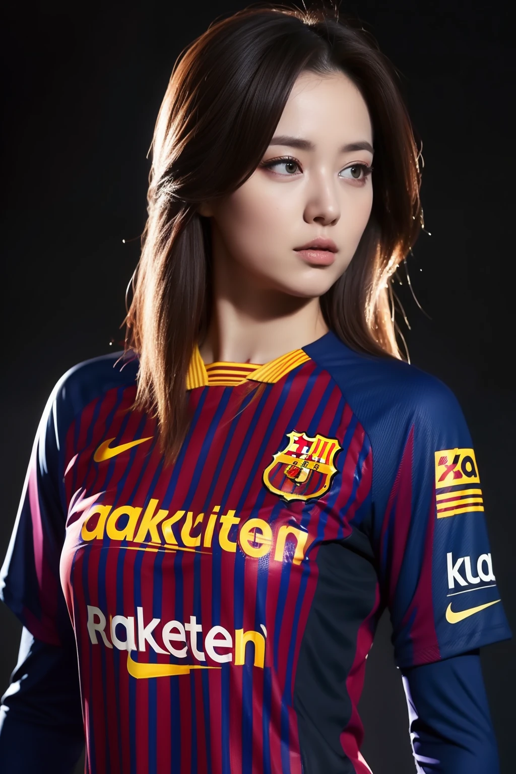 1girl, length hair, ((Barcelona football jersey)), professional make up, cyberpunked, Dinamic Light, dynamic ungle, (Pose Seductive), beautiful curves