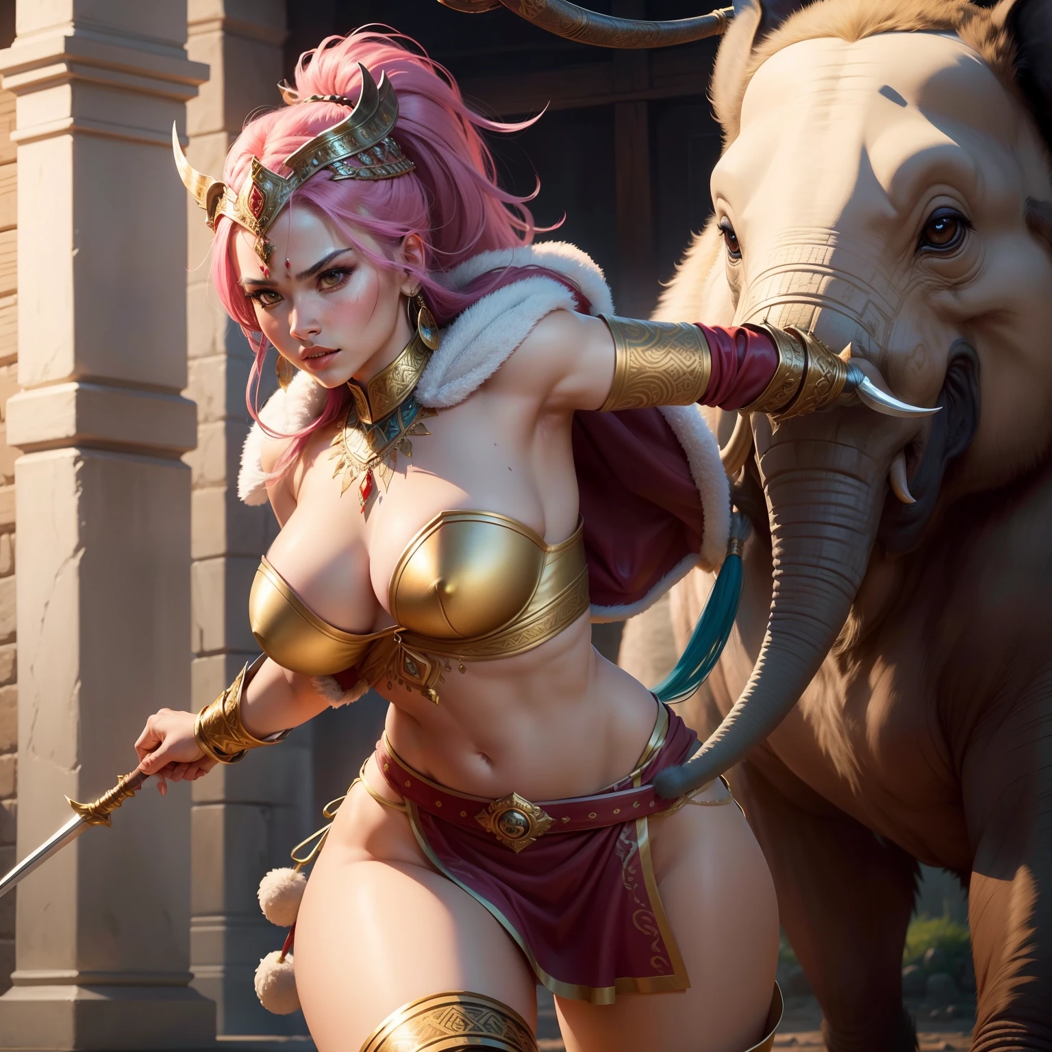 "Detailed description: Paint a vivid picture of a beautiful female ancient warrior adorned in fur garments, wielding an imposing spear, engaged in a fierce battle against a mythical tusked elephant creature."