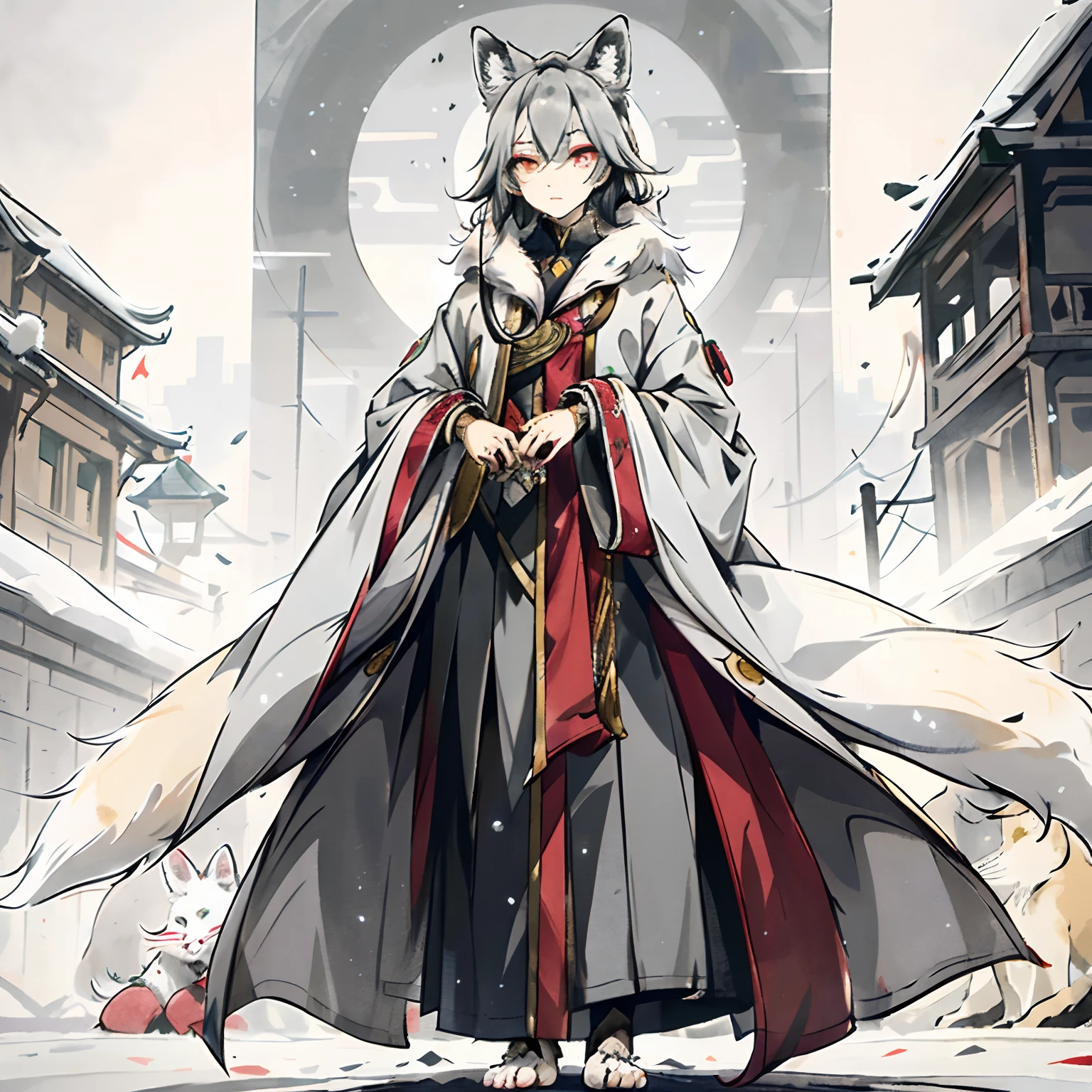 (Best picture quality),(tmasterpiece),,(((solo person))),(ultra - detailed),(Male arctic fox:1.5), (Light gray skin:1.3), (pale gray fur:1.3),((Golden pupils))，Red eyeliner， ((Canine paws)), ((Gray paws)),(grey ears),Sharp focus,(The furry feeling of animal ears)，Wearing a black magician's robe，magnificent robe，Wearing a magic hat，Stand on the streets of the Middle Ages，Detailed characters，detailedbackground，The barefoot