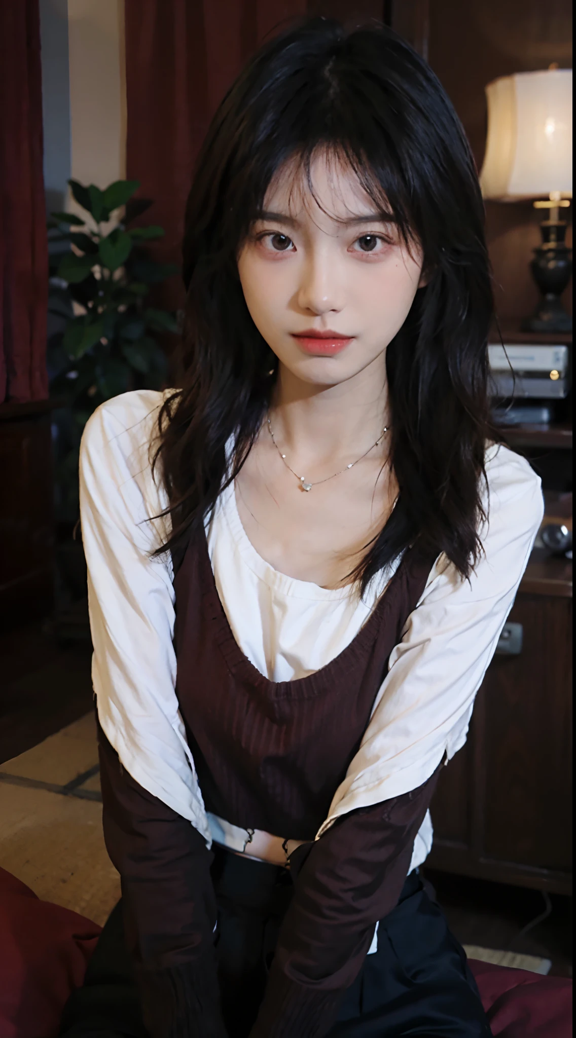 best qualtiy, 超高分辨率, (realisticlying:1.4),Baoyu Girl,1girll, Long straight hair,Looking into the distance,Cropped red sweater,a sense of atmosphere,Beautiful woman with a slim figure:1.4, Abs:1.4,,Ultra-fine face,Elaborate Eyes,二重まぶた,choker necklace