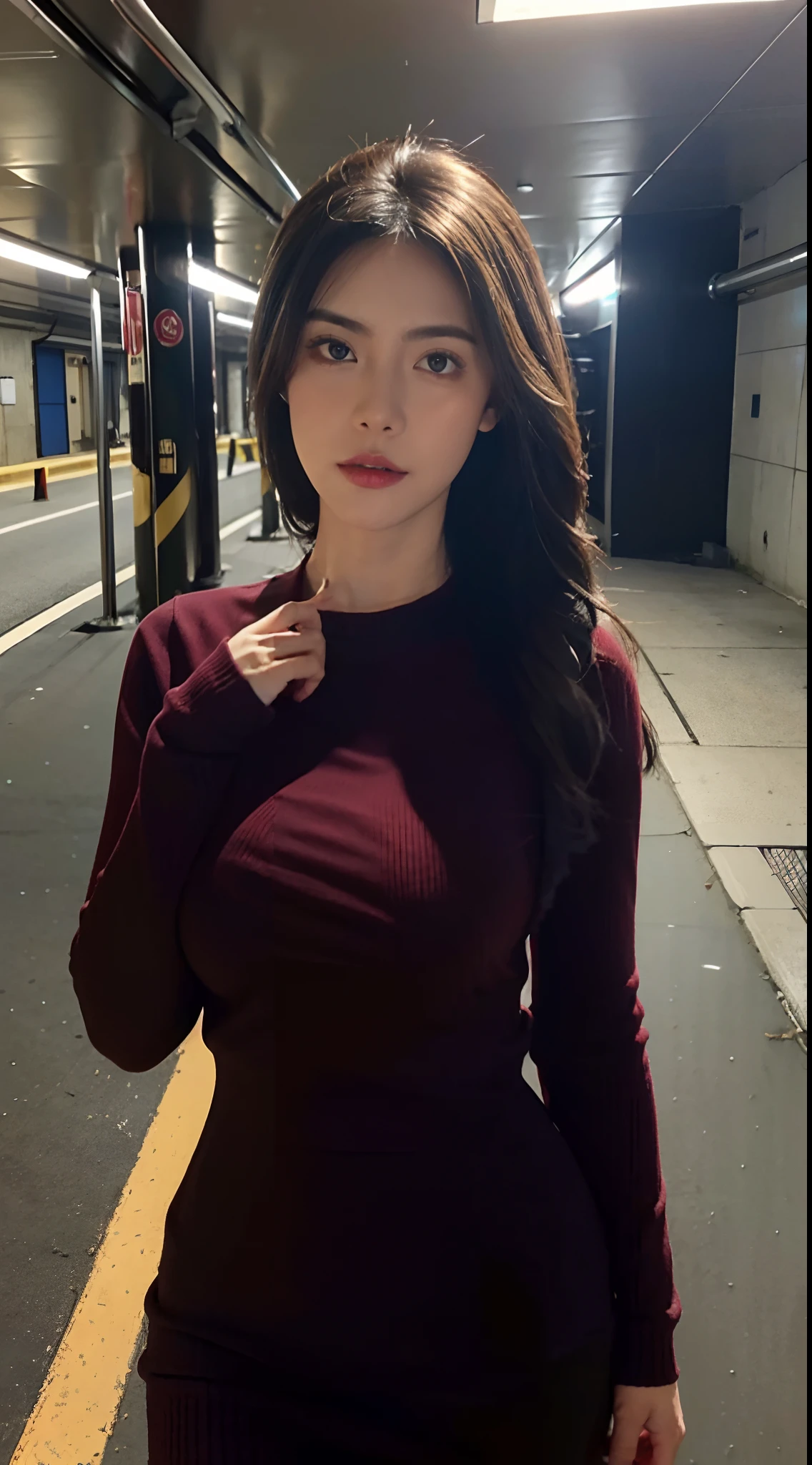 (Extremely detailed, underground parking, fine, slightly fat, busty, big breasts, big breasts, M cups, sexy, red crewneck dress, conservative, refined face, large aperture)