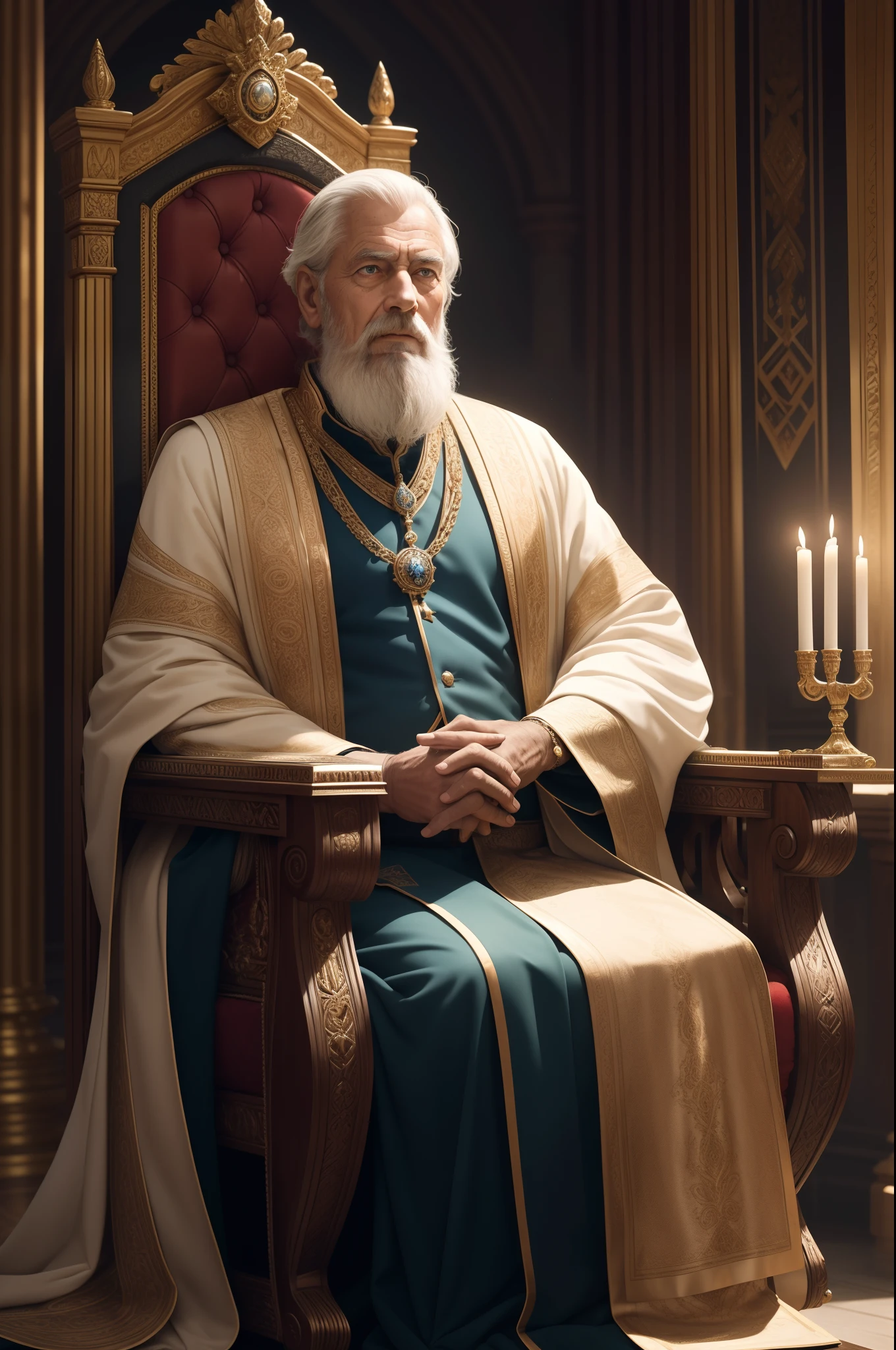 Create a highly detailed portrait of an aged royal gentleman, with graying beard and hair, seated with dignity on his royal throne. His hands hold an ornate scepter, a symbol of his power and leadership. His face is marked by deep wrinkles, each telling a story of years of wisdom and experience. The crown on his head is imposing, studded with gemstones that gleam in the soft light of the candles around the throne. The texture of his aged skin, the serene expression, and the upright posture reveal his authority and inner calm. The throne is richly decorated with carvings depicting key moments of his journey, and a luxurious carpet extends at his feet. Use warm and soft color tones to convey the gentleman's wisdom and maturity. Utilize gentle shadows to emphasize the distinctive features of his face and create a sense of depth, enhancing the presence of the royal surroundings.