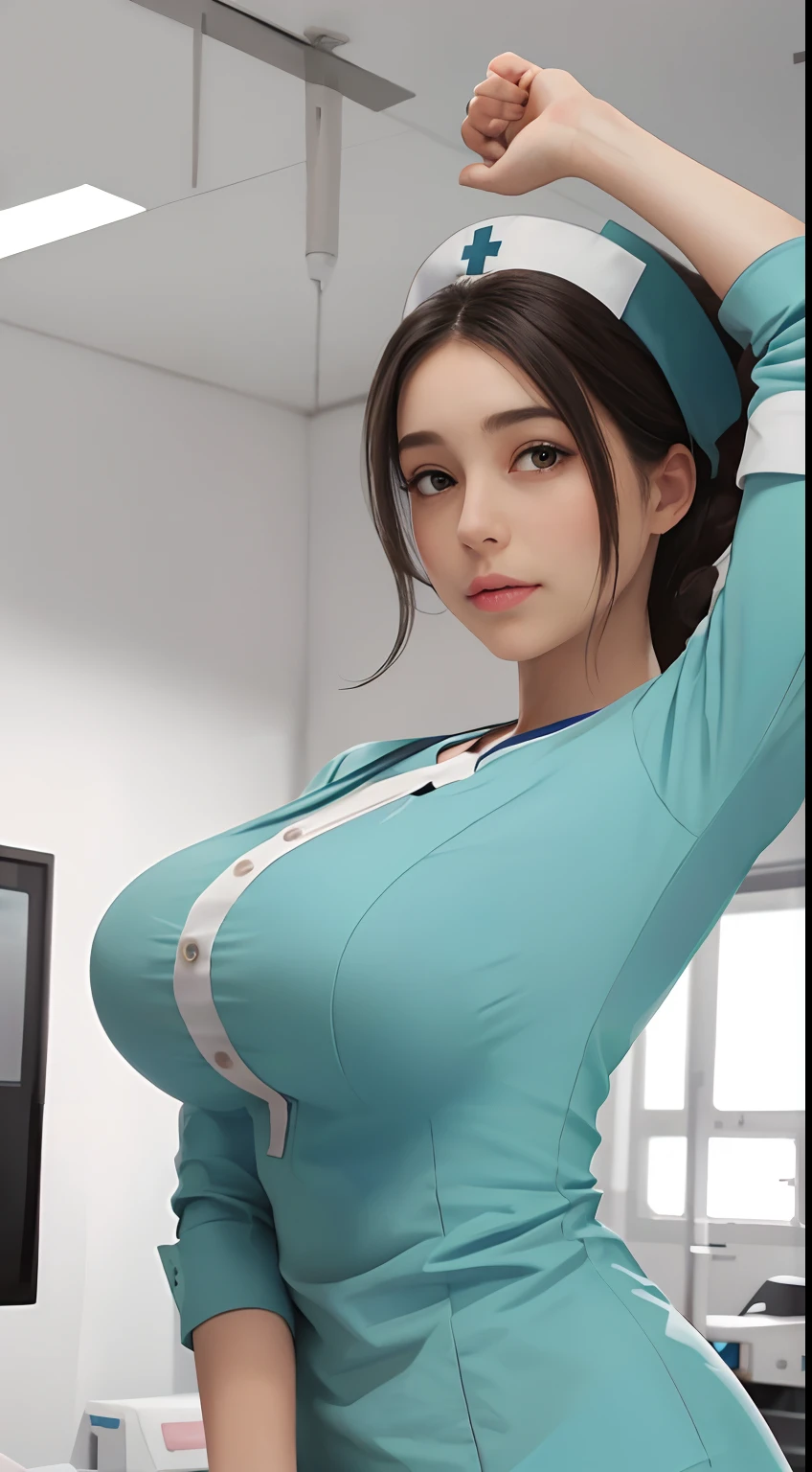 (best quality), big head, (1girl with gigantic breasts:1.2) in a nurse blouse in hospital