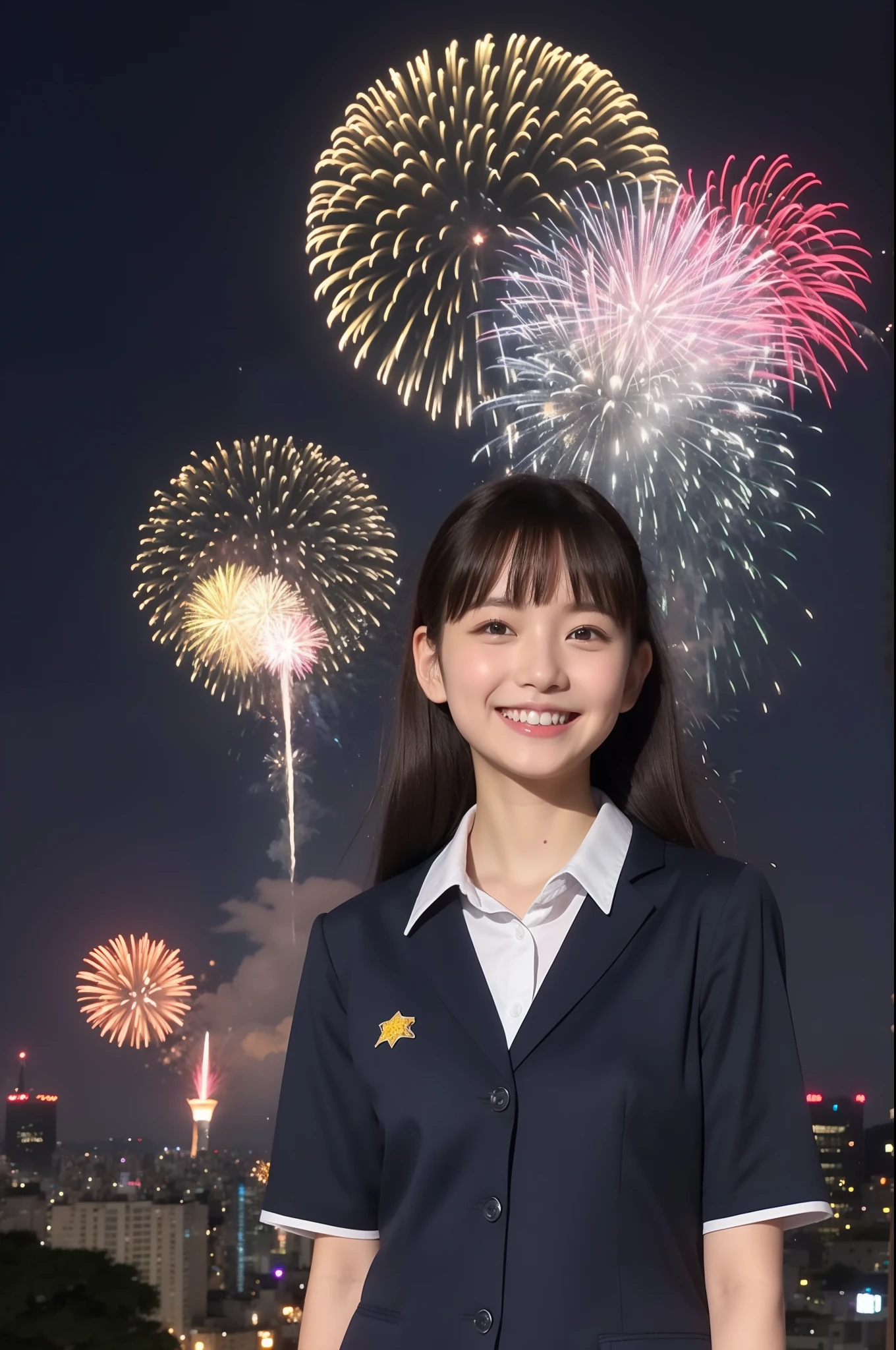 A smile、hi-school girl、校服、While doing fireworks、mare、Tokyo Skytree