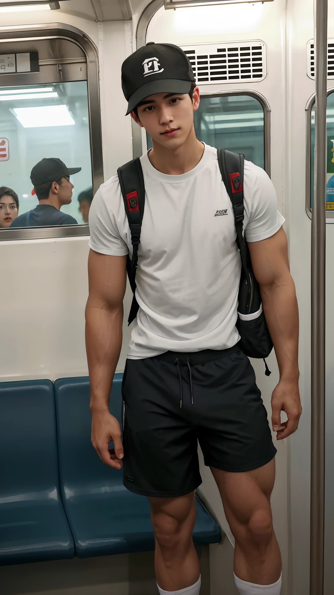 1人，A 20-year-old man in the subway，Standing in a subway car，Ultra-flat head，Brown baseball cap，White skinny sleeveless T-shirt，A Gray Sports Shorts，leg apart，musculous，Handsome，Look at your phone，Sport backpack，white short socks，White sneakers，exhilarated，Be red in the face，full bodyesbian，Exposing thighs，Expose calves，Thick leg hair，In crowded subway cars，gentlesoftlighting，tmasterpiece，best qualtiy，8K  UHD，digital SLR camera，filmgrain，Fujifilm XT3 Realistic painting art，Written by Midjourney and Greg Rutkowski