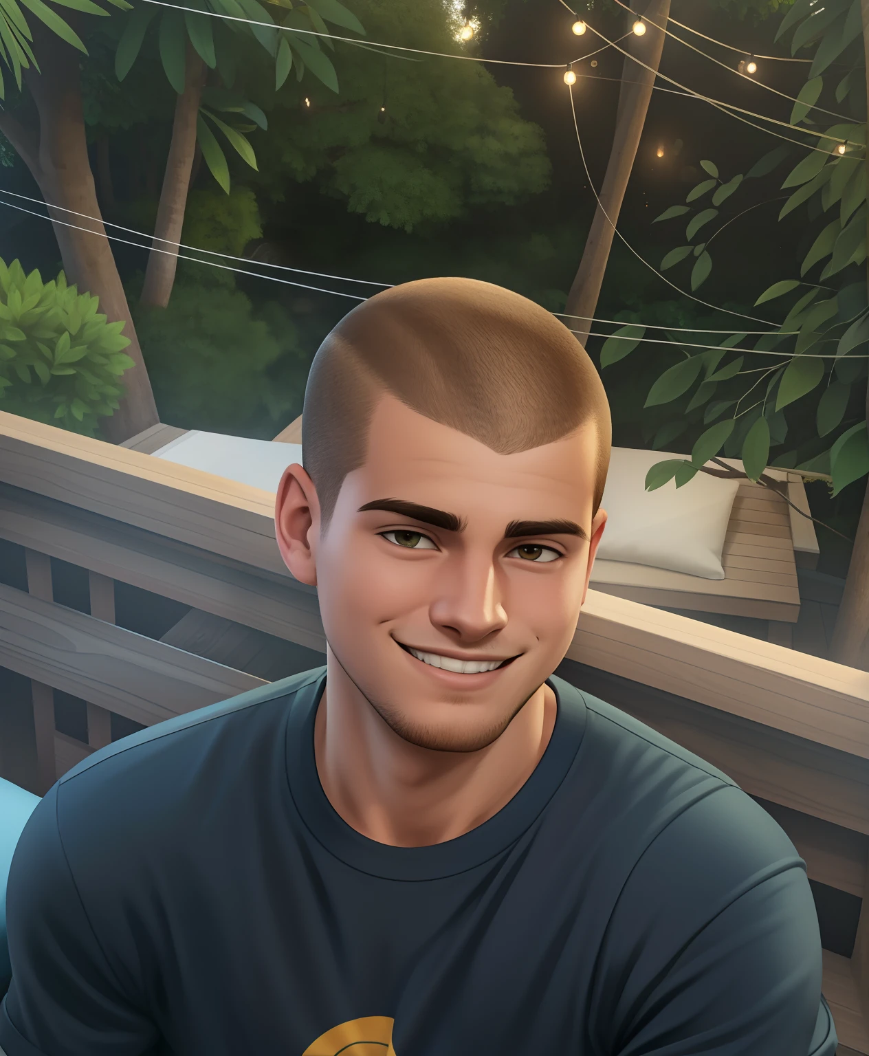 "Handsome young man with a round face and a light stubble, exuding a warm smile, dressed in a casual t-shirt, sitting on a peaceful deck overlooking a lush forest. He is 25 years old with a trendy buzzcut." HDR, realistic lighting, masterpiece, buzzcut:1.2, slight smile, round face, squinty eye smile,