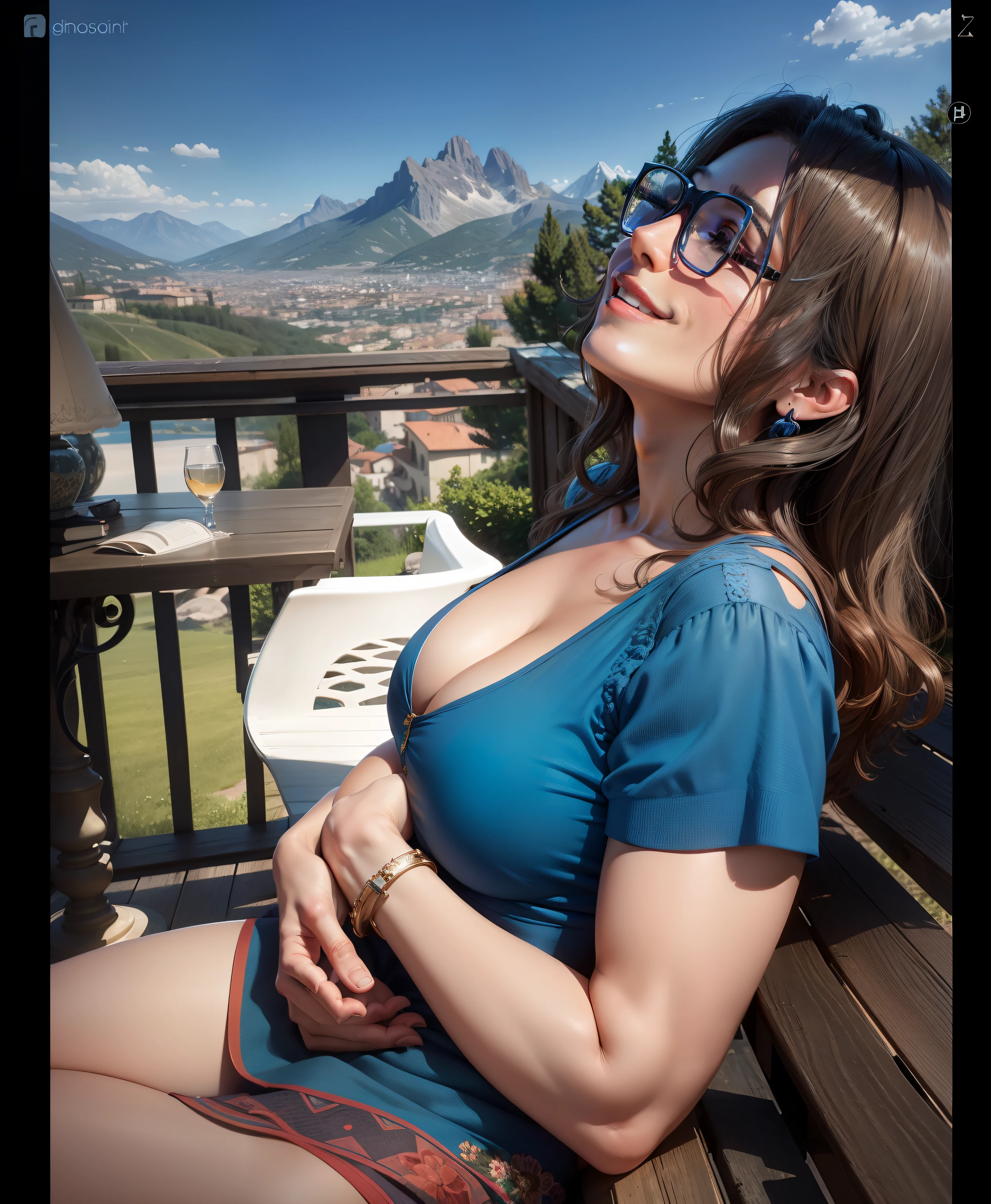 Italian beauty, in a low cut blue dress, relaxing on a deck, mountains background, cinematic, best quality, HDR, glasses, eyes closed, smile, , caucasian,