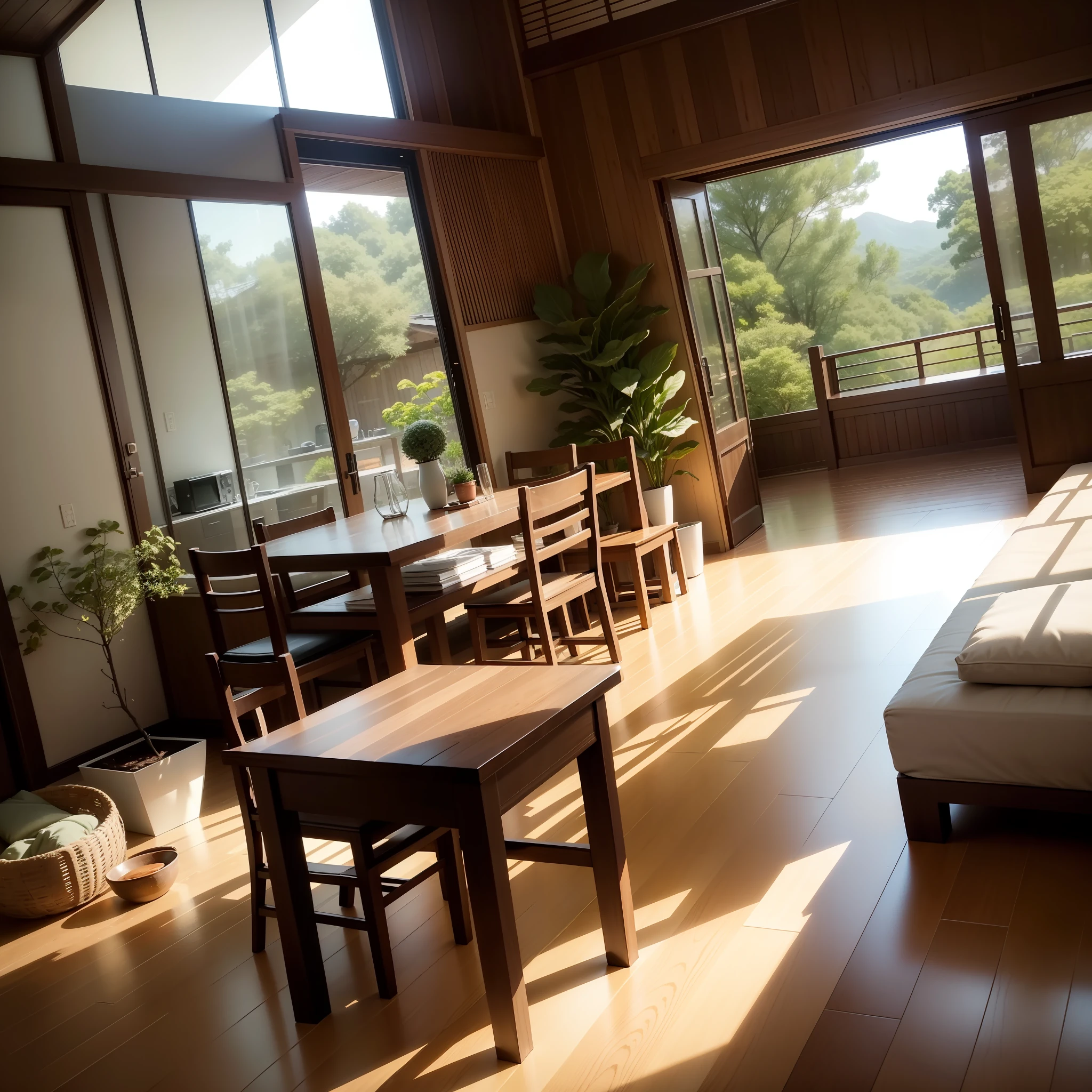 interior design、Insanely detailed wide-angle architectural photo、Cozy contemporary living room、(Bright and warm sunlight 1:0.1)、Award-winning contemporary interior design、landscapes、The table、a chair、in a house、Wooden flooring、window、resturant、east asian east asian architecture、sliding paper doors、abajour、architectural、the woods、naturey、cups、a plant、interior design、Insert lighting and shadows、depth of fields、low illuminance