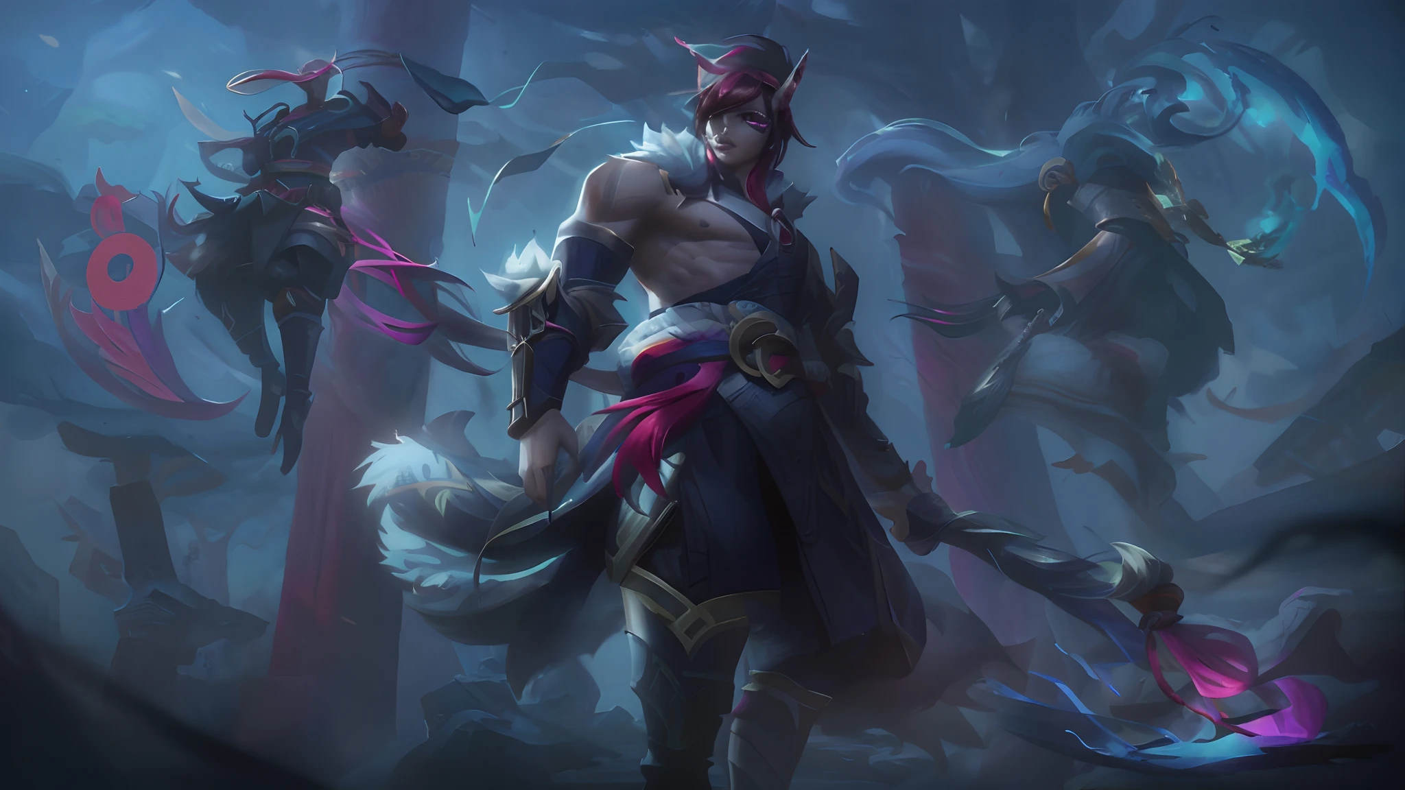 There are many different characters in this photo, One of them was male, Official Splash Art, iconic character splash art, Silas, league of legends splashart, league of legends character art, by Yang J, Akali, Wukong, Inspired by Huang Shen, Riot game concept art, inspired by Li Kan, Onmyoji detailed art, character splash art