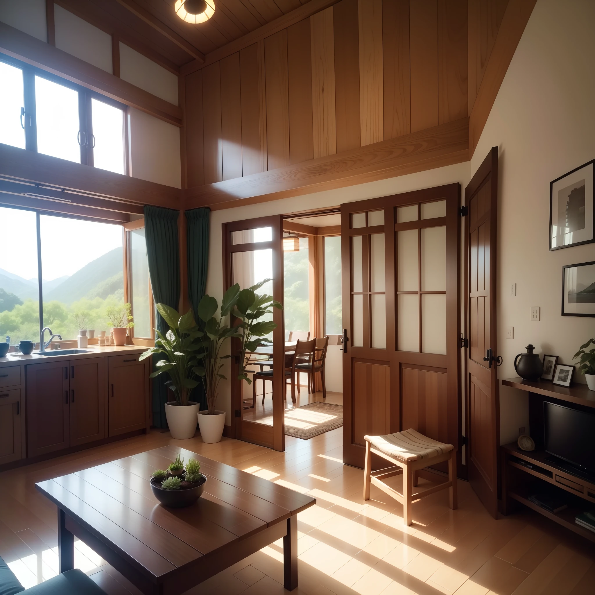 interior design、Insanely detailed wide-angle architectural photo、Cozy contemporary living room、(Bright and warm sunlight 1:0.1)、Award-winning contemporary interior design、landscapes、The table、a chair、in a house、Wooden flooring、window、resturant、east asian east asian architecture、sliding paper doors、abajour、architectural、the woods、naturey、cups、a plant、interior design、Insert lighting and shadows、depth of fields、low illuminance
