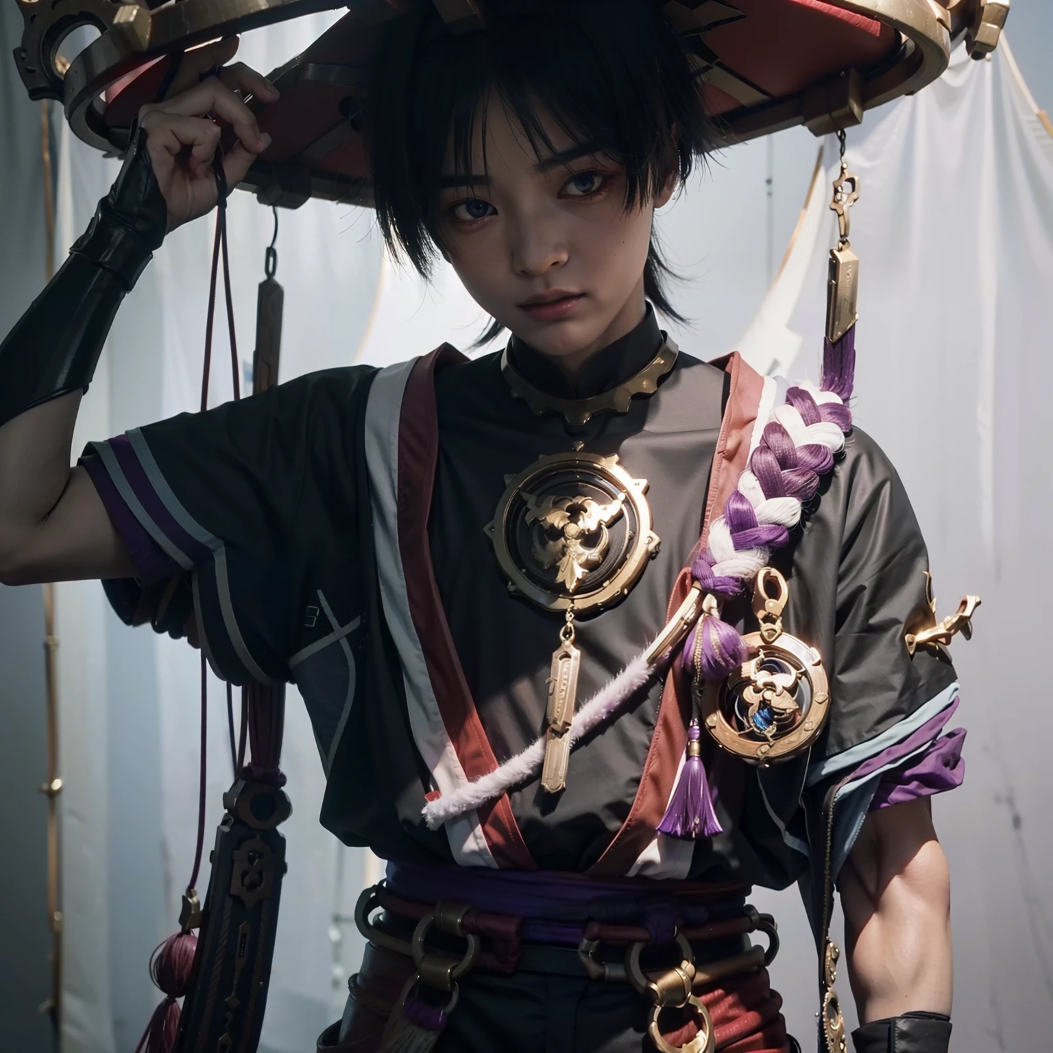 Scaramouche (Genshin Impact), dvd still from Genshin Impact movie directed by David Lynch from 1987, scene with Scaramouche introducing himself at the delusion factory, male focus, 1boy