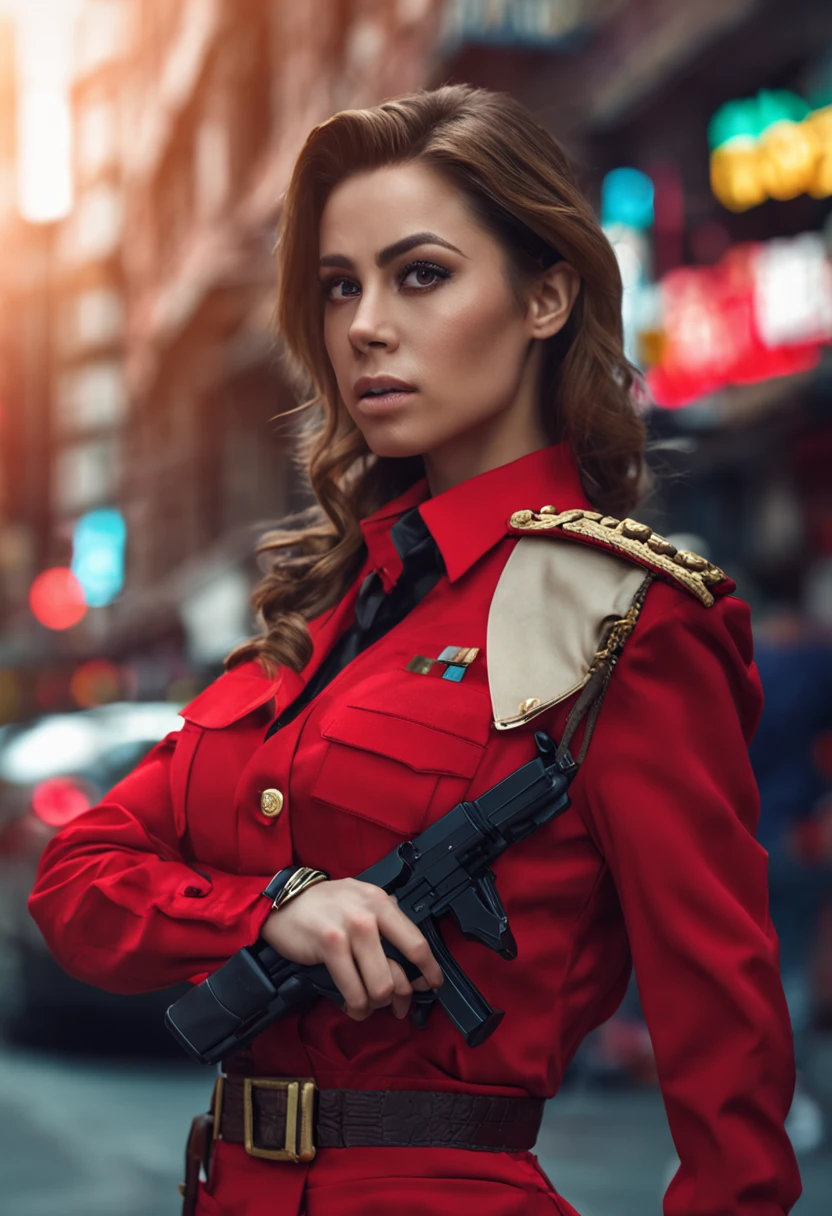 Sexy, big breasts, city background, miniskirt, bust shot, ponytail, military uniform, red clothes, five fingers