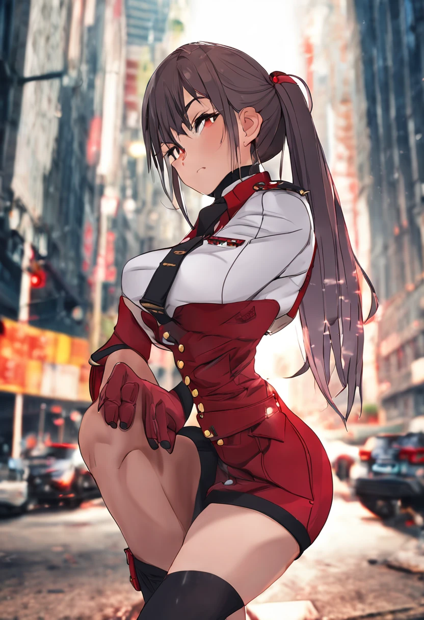Sexy, big breasts, city background, miniskirt, bust shot, ponytail, military uniform, red clothes, five fingers