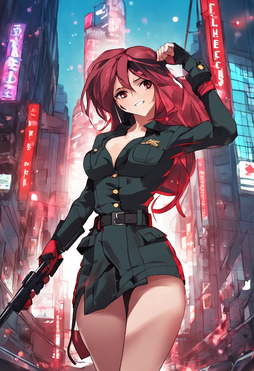 Sexy, big breasts, city background, miniskirt, bust shot, ponytail, military uniform, red clothes, five fingers