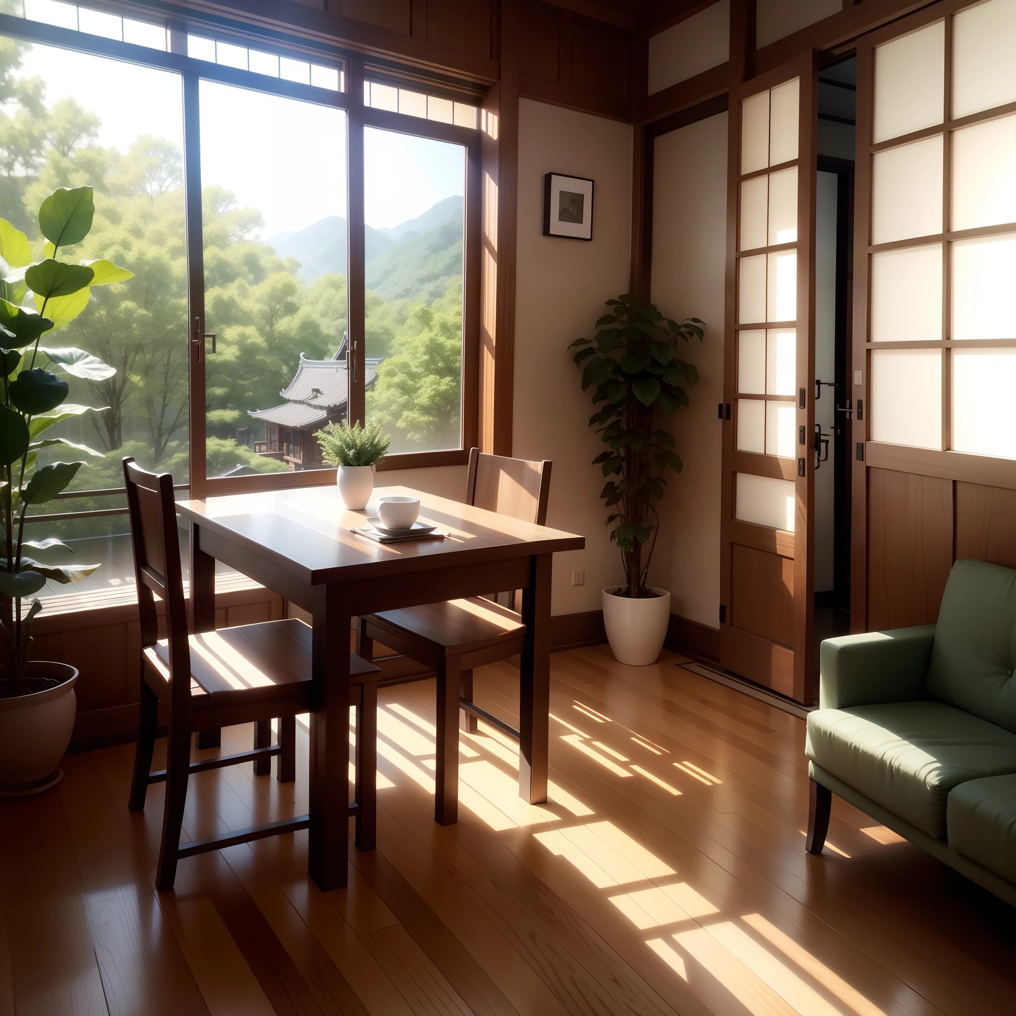 interior design、Insanely detailed wide-angle architectural photo、Cozy contemporary living room、(Bright and warm sunlight 1:0.1)、Award-winning contemporary interior design、landscapes、The table、a chair、in a house、Wooden flooring、window、resturant、east asian east asian architecture、sliding paper doors、abajour、architectural、the woods、naturey、cups、a plant、interior design、Insert lighting and shadows、depth of fields、low illuminance