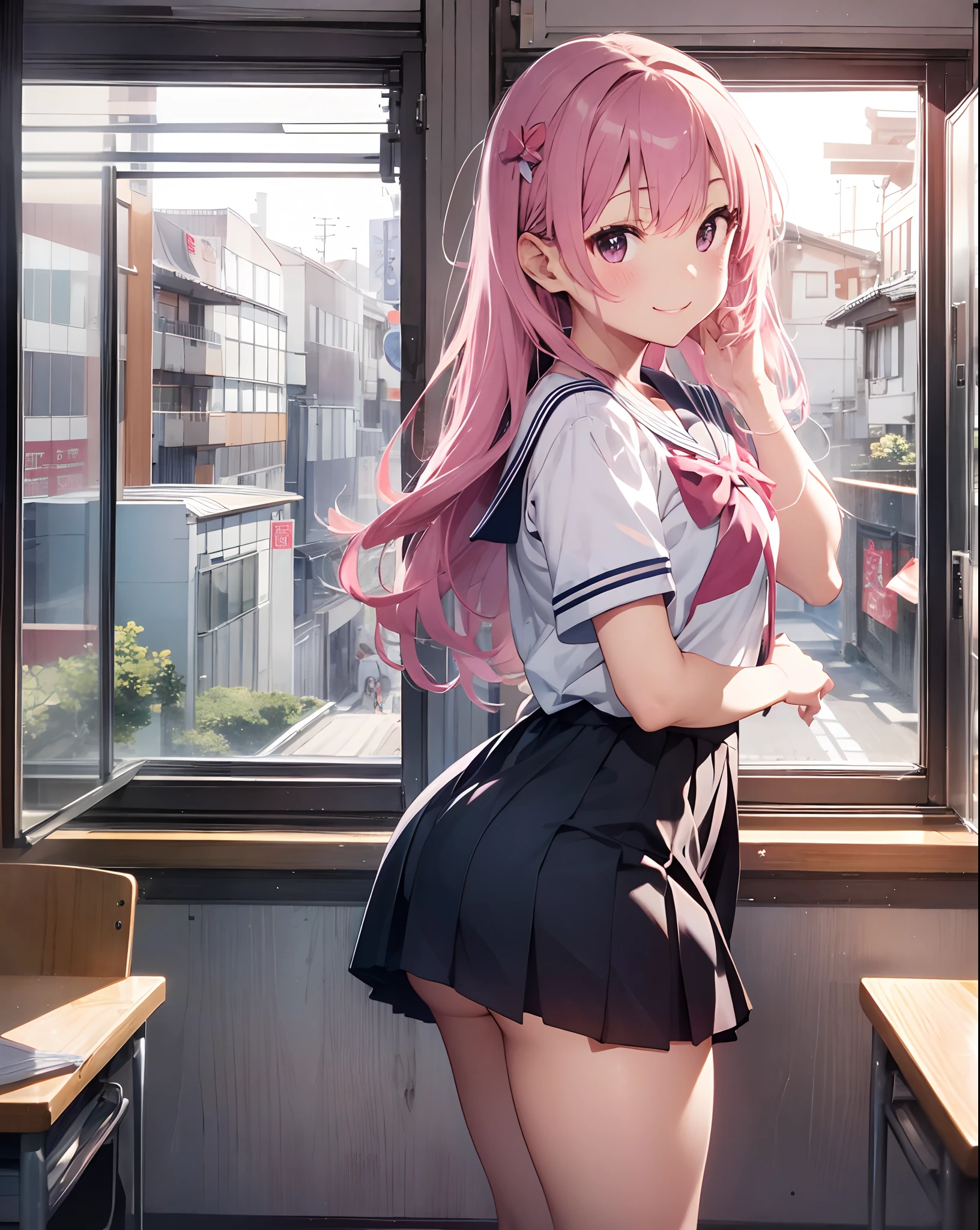 Super long hair、Sailor suit with short sleeves、Fluttering miniskirt、A pink-haired、posterior view、Japan School Classroom、Turned、ssmile、pantiy
