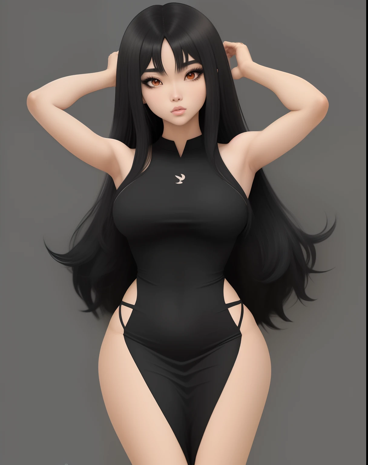 Asian, anime, Cartoon, olhos negros, asas brancas, Grandes preitos, corpo todo, corpo atletico, vestido preto, cabelos negros, anjo