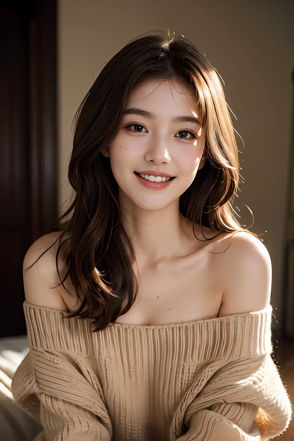 best quality, masterpiece, ultra high res, photorealistic, 1girl, offshoulder, smile, oversized_sweater, soft lighting, detailed skin,brown hair