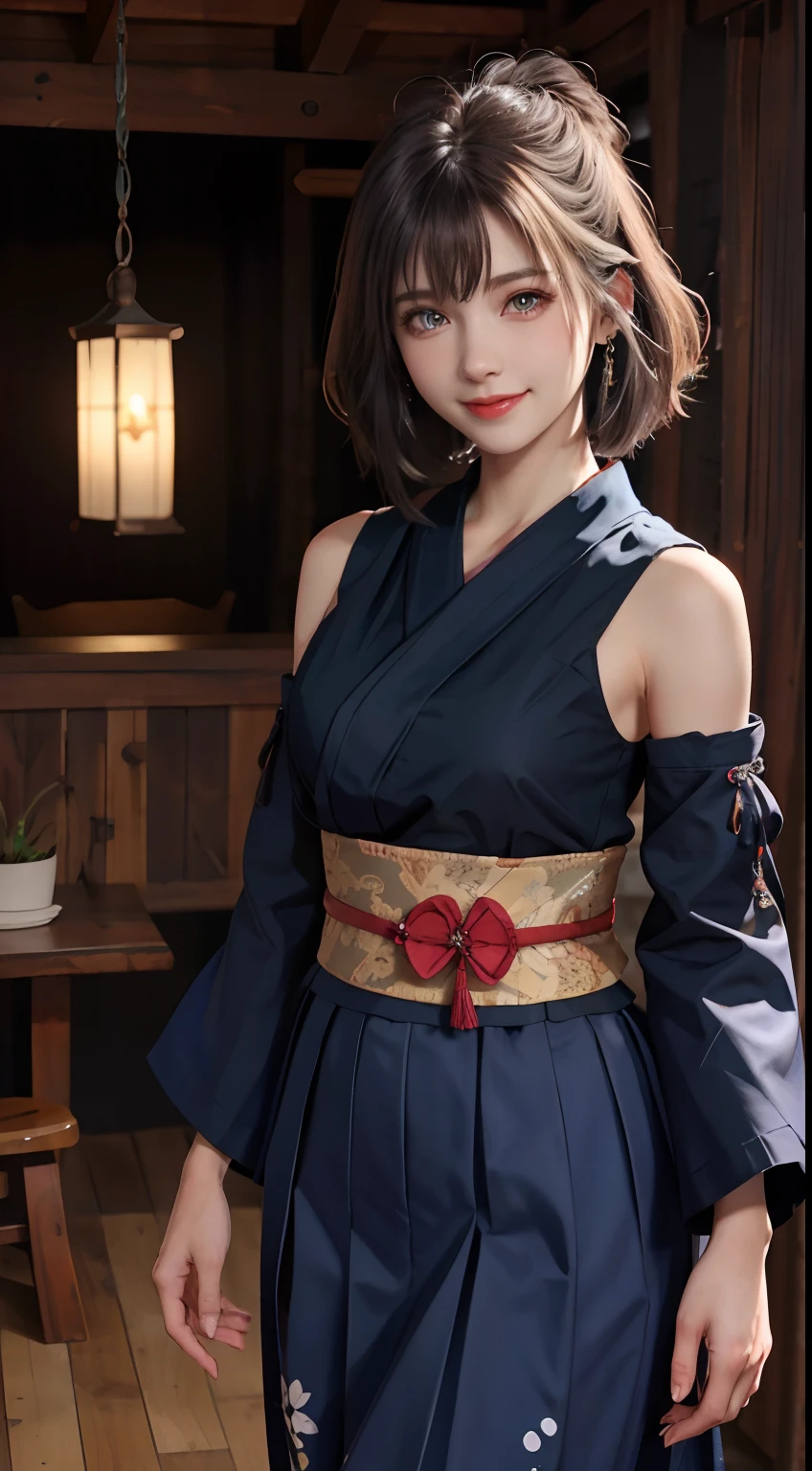 Masterpiece, Best quality, absurderes, Perfect anatomy, 1girll, Solo, YunaFFX, Heterochromia, Short hair, YunaOutfit, hair adornments, Detached sleeves, hakama, sash, Hakama skirt, Long skirt, Cowboy shot, Smile,