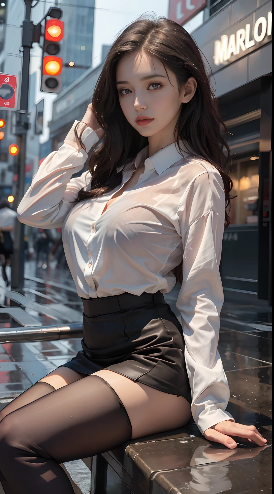 ((Realistic lighting, Best Quality, 8K, Masterpiece: 1.3)), Focus: 1.2, 1girl, Perfect Beauty: 1.4, Slim Abs: 1.1, (Big Breasts), (White Shirt: 1.4), (Outdoor, Night: 1.1), City Street, Super Fine Face, Fine Eyes, Double Eyelids, (Over the Knee Black Stockings: 1.5), (Wet in the Rain, Wet: 1.2)