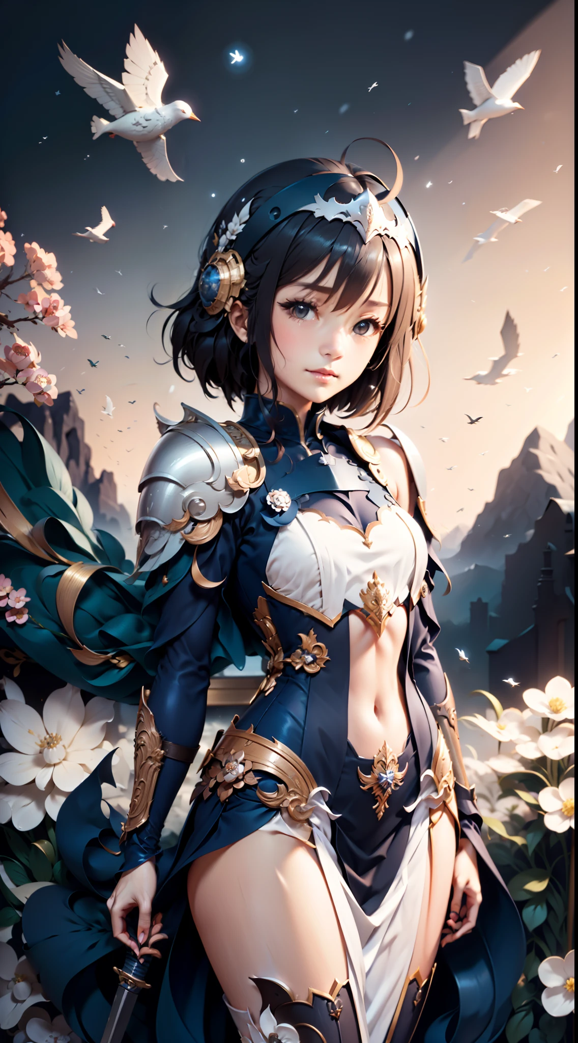 mont，（mist：0.9），（waterfallr：0.8），（the cherry trees：1.3），（flying birds：0.7），stele_\（Skysky\），the space，starrysky_Skysky，1girll，A noble knight、dignified、Sophisticated tactical heavy armor、Exquisite helmet，Shoulder blades、Tassel waistband、Hand Guard、High quality armor texture，broad shoulder，extremely hyper。sword sheath，Stand up，arms folded，Look at the audience，