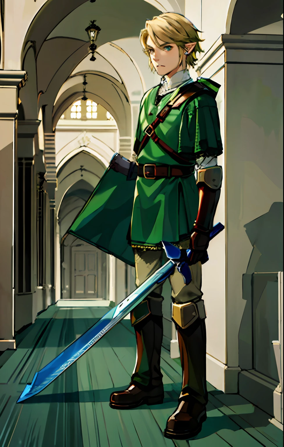 a 19-year-old boy, 1 boy,  solo, blonde short hair parted in the middle, man's short hair, without a beard, without a goatee, no facial hair, silver and dark green colored medieval knight armor, green clothes, link,(combat boots), gloves(muscular:0.4), (beige pants), (red Cape), palace, hallway