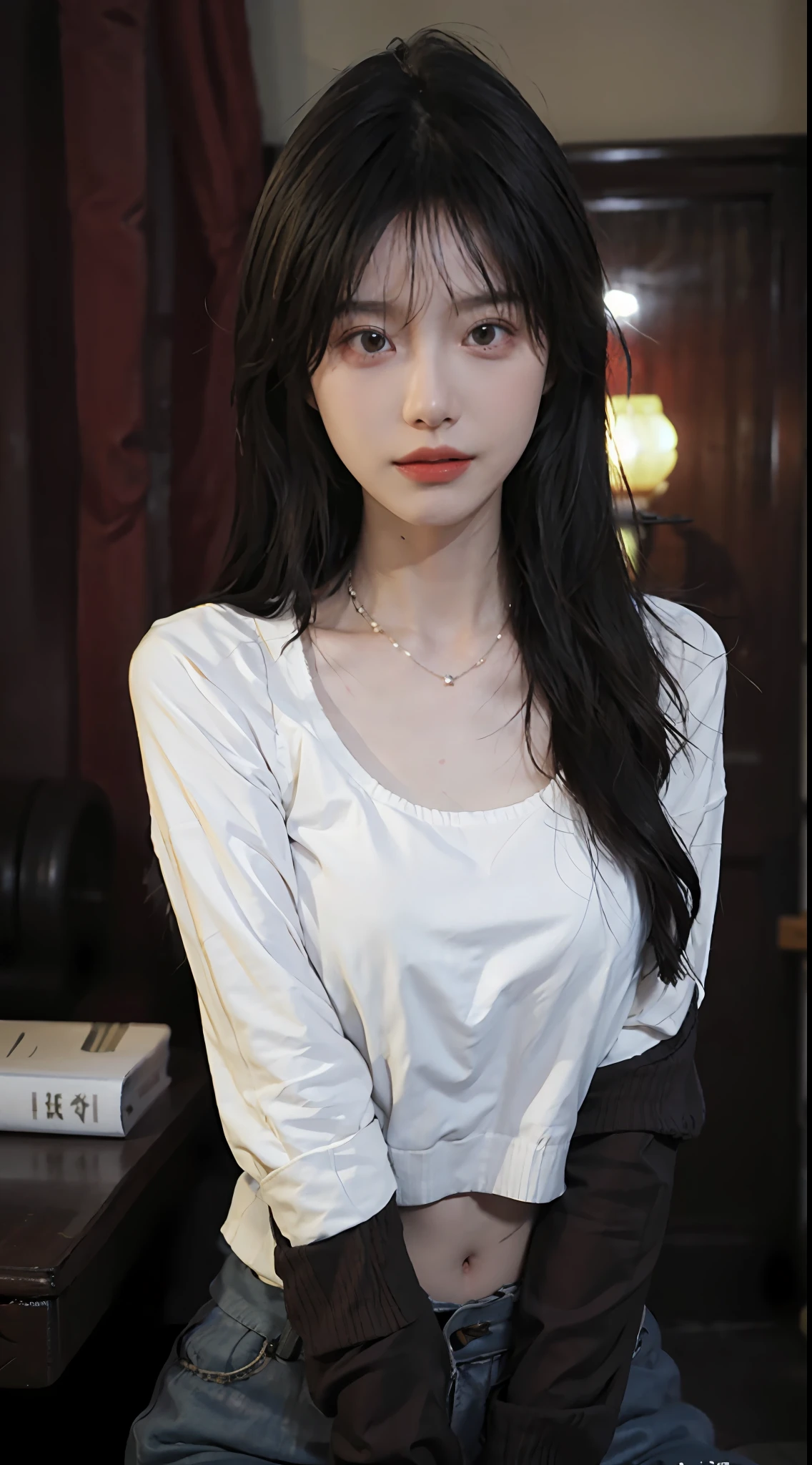 (1 Korean star with royal sister style), ((Best quality, 8K, 巨作: 1.3)), focal point: 1.2, Perfect body proportions: 1.4, (Make a smile), (Ray traching),Watery eyes, Highly Detailed Face and Skin Textur, Fine eyes, Double eyelids, (scenecy:1.3),Whitens the skin, (Big wavy hairstyle: 1.3), (face round: 1.5), (pleatedskirt: 1.4), (black lence stockings: 1.4),(film grain style:1.3),a sense of atmosphere,(Beauty breasts)