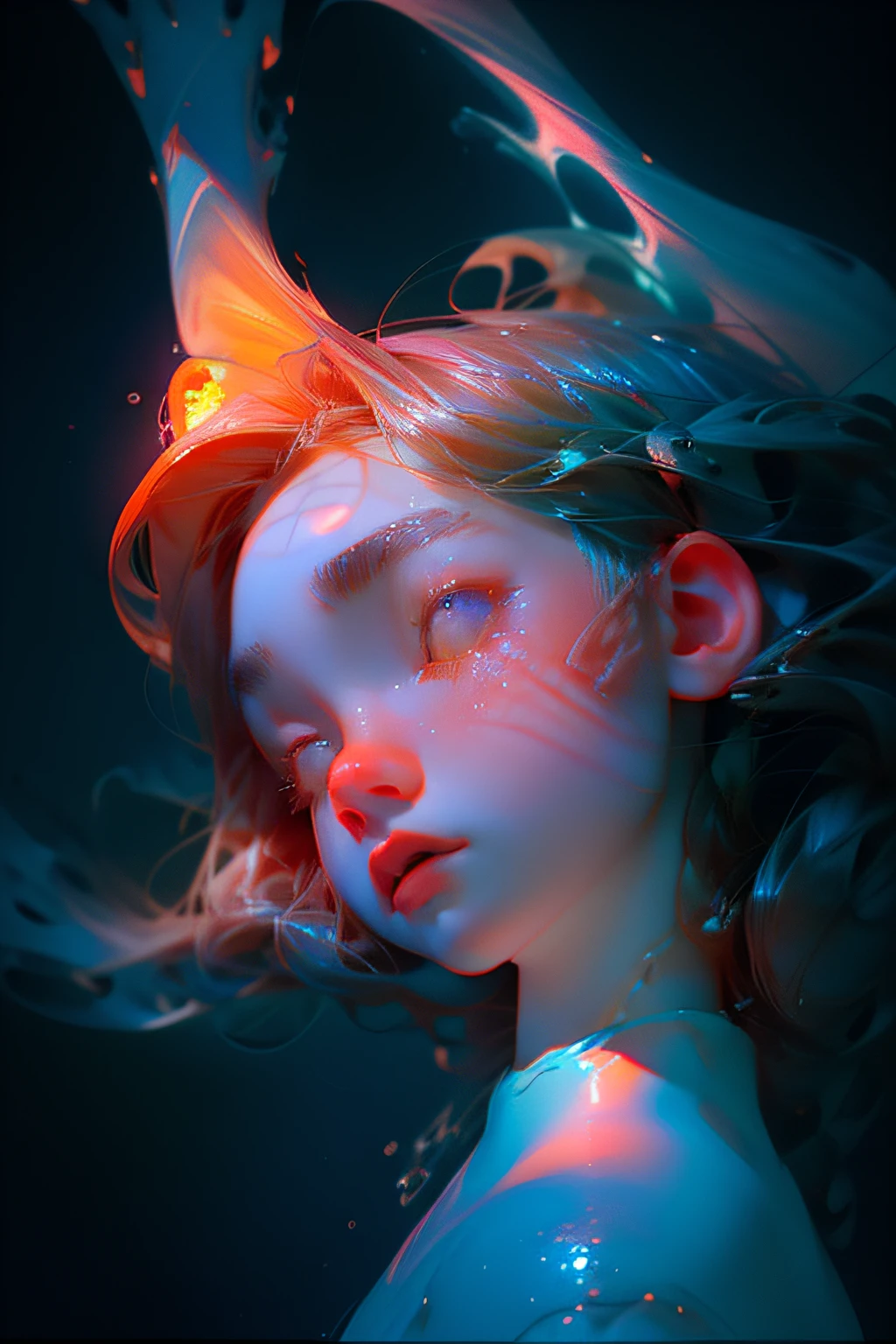 Super beautiful close-up of the face、(top-quality:1.6)、(tmasterpiece:1.4)、intricately details、(Cute and gorgeous 20 year old Korean girl、With his eyes closed、Looking Up The Sky:1.3)、(1girl in:1.3)、angelicales、agilawood、(cybernetic halo:1.3)、Light on the top of the head and on the face、(Small head:1.4)、Ultra-realistic skin,very natural features、focus onface、Underwater、Bubbles under water、Redfish in the water、blue backdrop
