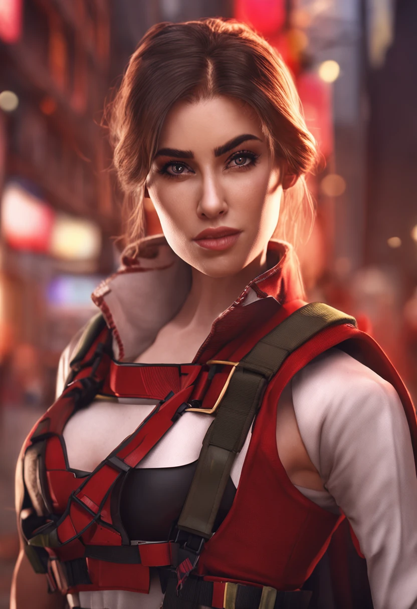 Sexy, big breasts, town background, miniskirt, bust shot, ponytail, military uniform, red color