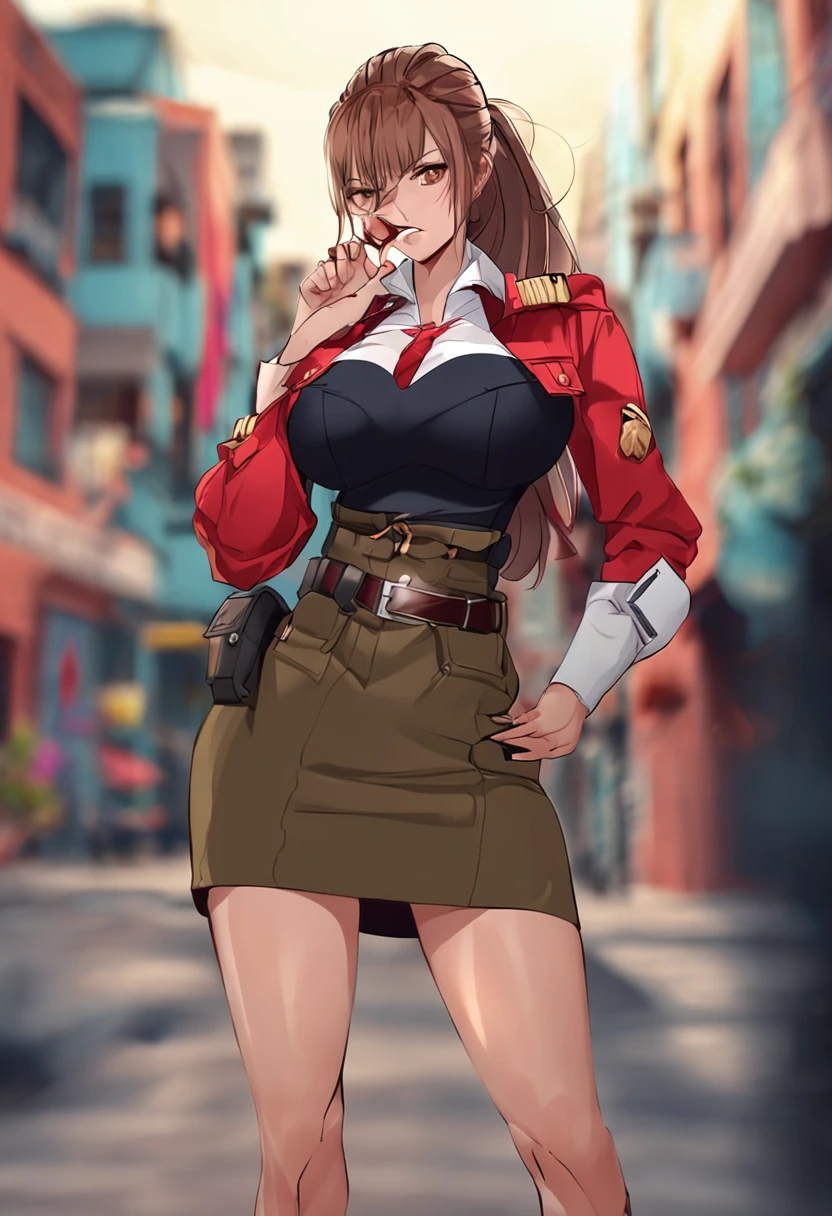 Sexy, big breasts, town background, miniskirt, bust shot, ponytail, military uniform, red color