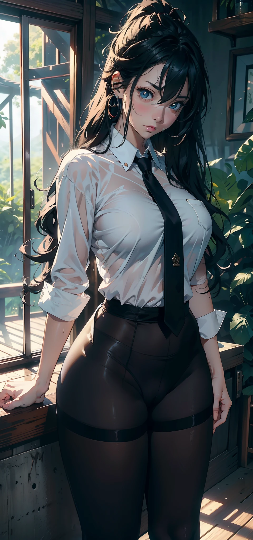 1female,25 age old,Large breasts,Pornographic exposure, 独奏,(Background with:ln the forest,the rainforest,in summer) with his long black hair,standing on your feet,Sweat profusely,drenched all over the body,seen from the front, curlies, mostly cloudy sky,(((tmasterpiece),(Very detailed CG unity 8K wallpaper),best qualtiy,cinmatic lighting,detailed back ground,beatiful detailed eyes,Bright pupils,(Very fine and beautiful),(Beautiful and detailed eye description),ultra - detailed,tmasterpiece,)),facing at camera,A high resolution,ultra - detailed),revealing breasts,Bare genitalia, Bulge,Camel toes,Raised sexy,Flushed complexion,Open-mouthed,frontage,Beautiful secretary(Wearing:White shirt,black necktie,,Pantyhose)nakeness,high-heels