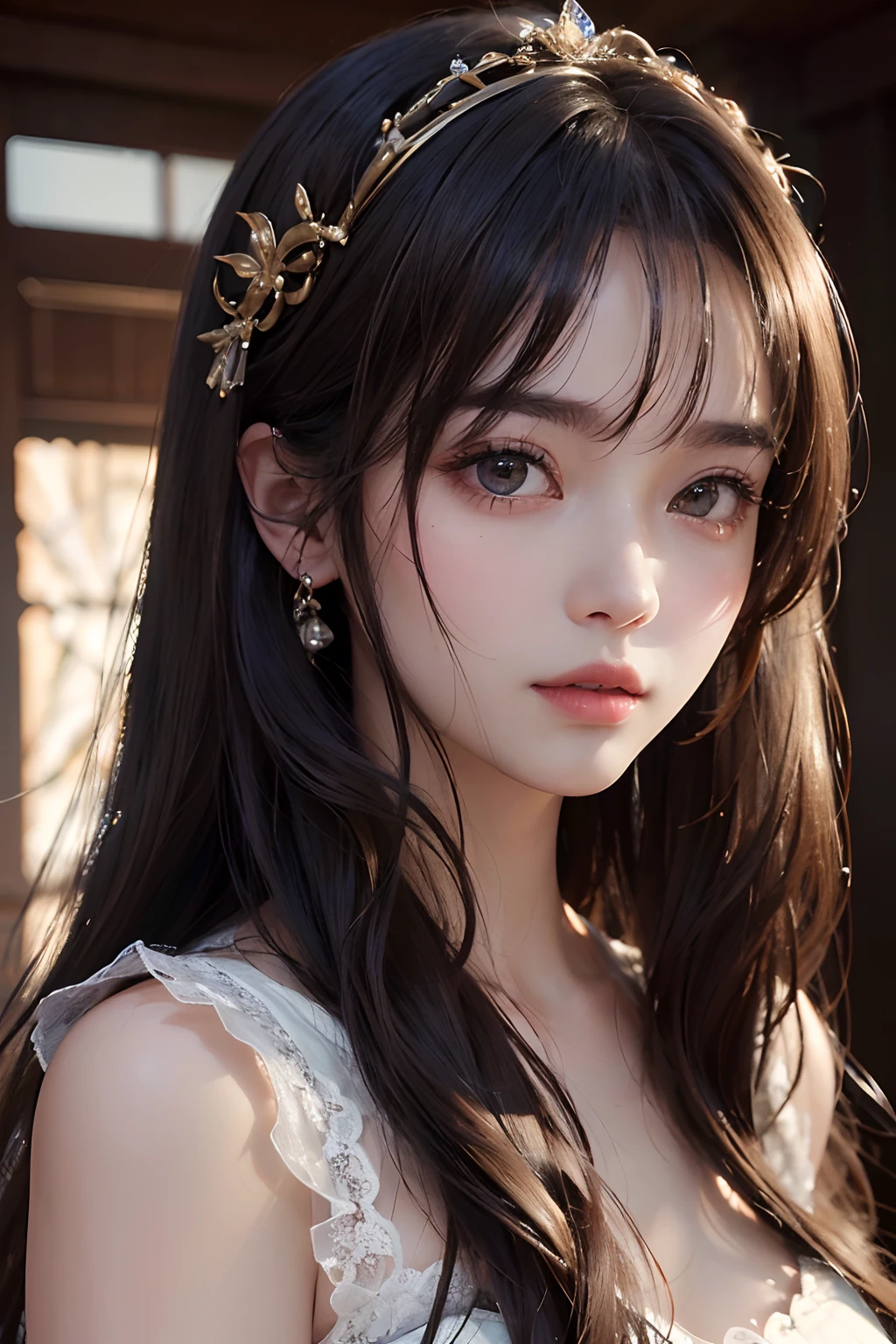 (masuter piece:1.3)、(8k、Photorealsitic、RAW Photography、top-quality: 1.4)、(1girl)、beautiful countenance、(lifelike face)、(Brown ash、semi long hair:1.3)、Beautiful hairstyle、realisticeyes、Beautiful details、(real looking skin)、Beautiful skins、(lace dresses)、absurderes、enticing、超A high resolution、A hyper-realistic、high-detail、the golden ratio