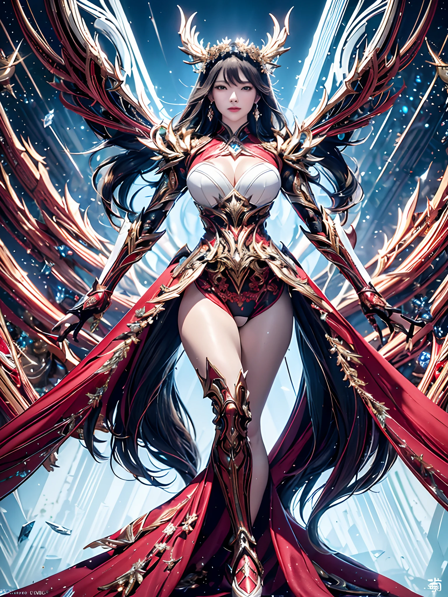 (Masterpiece, Top quality, Best, offcial art, Beautiful and aesthetically pleasing, Long exposure: 1.2), Smooth movement, Charming Patterns, 1 girl, (Long Dress with Sleeves: 1.3), (((Platinum and red imperial armor) )), upperbody closeup, Bare shoulders, Chinese girl, Blush, Black lob hair, Portrait, Solo, Upper body, looking at the observer, Detailed background, Detailed face, (crystallineAI, crystalline theme:1.1), elemental fire elf, rotation fire, control fire, Ruby clothes, Dynamic pose, Floating particles, ethereal dynamics, Fire, vapor, Magma in the background, red tint, volcanoes, Ethereal atmosphere,1 japanese, battle armor, prime,Rhino essence,Volt essence,Saryn Essence dynamic pose, Intricate pattern, heavy metal, Energy lines, Faceless, Glowing eyes, Long silver hair, The wind blows hair, elegant, Intense, blood red and black uniform, Bloody wings, Solo, Desert, Sunny, Bright, Claws, Dramatic lighting, (Masterpiece:1.2), Best quality, high resolution, Beautiful detailed, Extremely detailed, Perfect lighting, zhongfenghua, From below