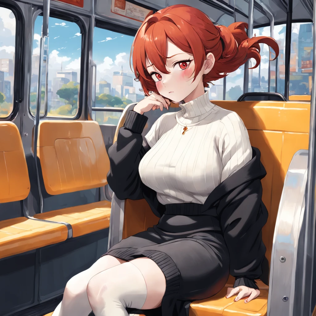 "1 elegant lady, mature, curvaceous figure, fiery red hair, defined eyelids, adorned with eye makeup, clad in a sleek black dress and a cozy white sweater, sporting a stylish white boots and carrying a chic black bag, peacefully dozing off while seated on a bus, mouth slightly ajar, eyes peacefully closed."