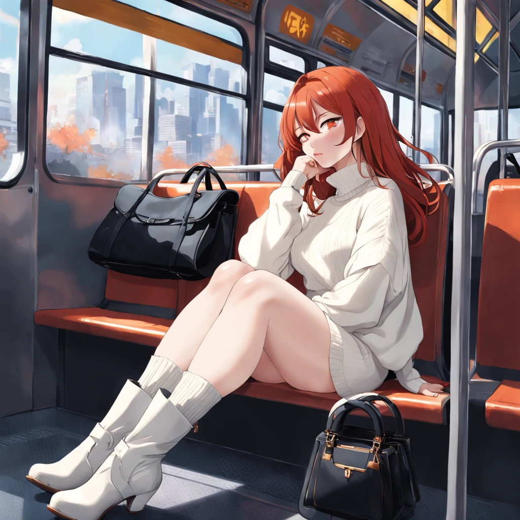 "1 elegant lady, mature, curvaceous figure, fiery red hair, defined eyelids, adorned with eye makeup, clad in a sleek black dress and a cozy white sweater, sporting a stylish white boots and carrying a chic black bag, peacefully dozing off while seated on a bus, mouth slightly ajar, eyes peacefully closed."