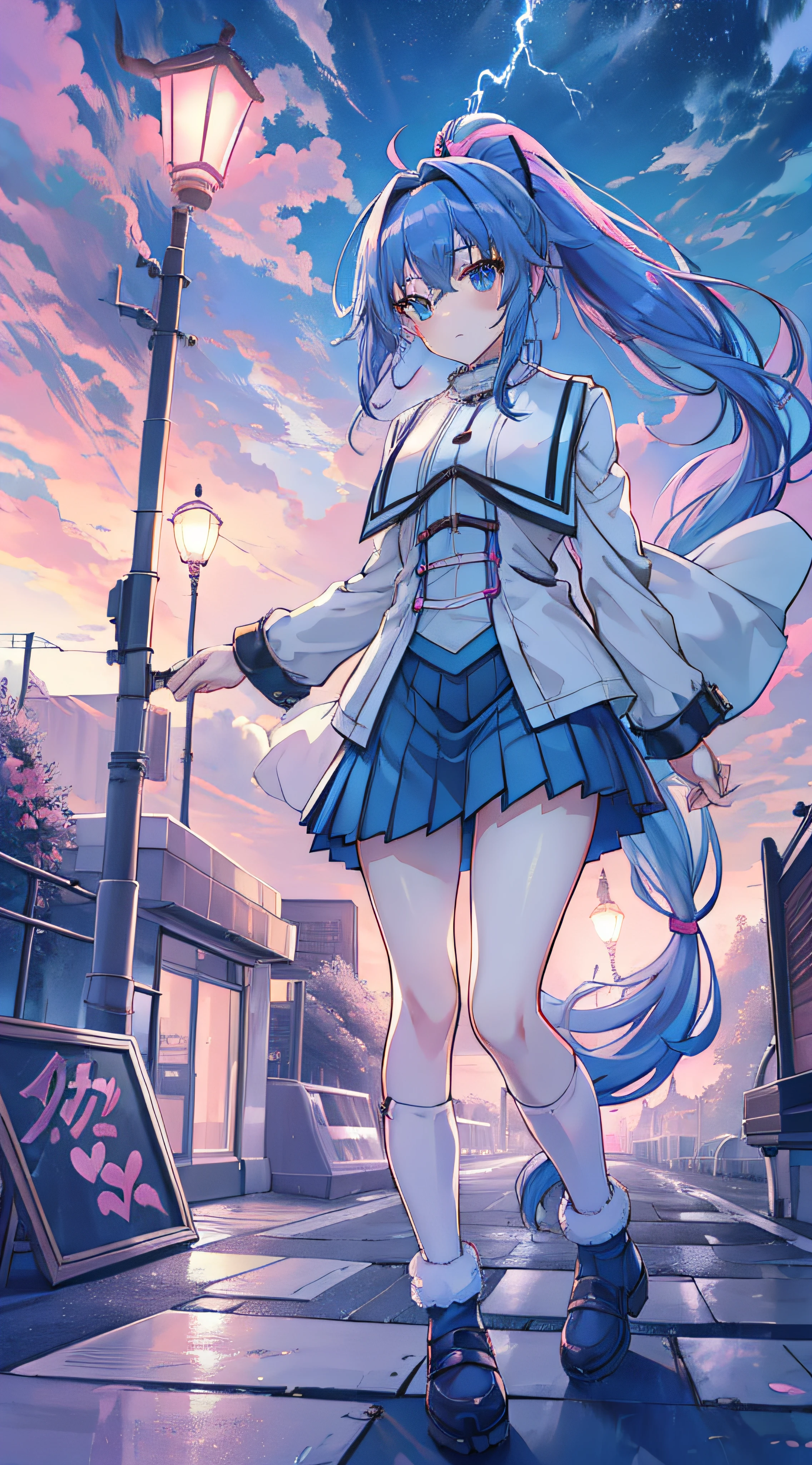 anime girl, alone, blue hair, ponytail, headband, pink pleated skirt, park, winter, night, streetlight, lightning, cloudy sky, thunderstor