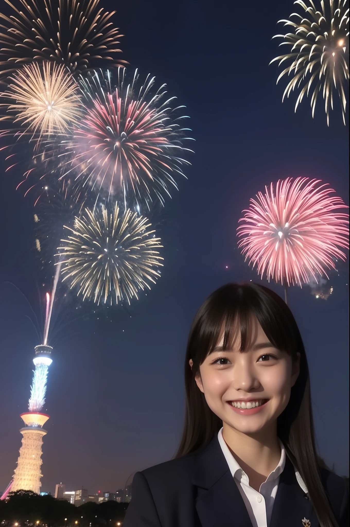 A smile、hi-school girl、校服、While doing fireworks、mare、Tokyo Skytree