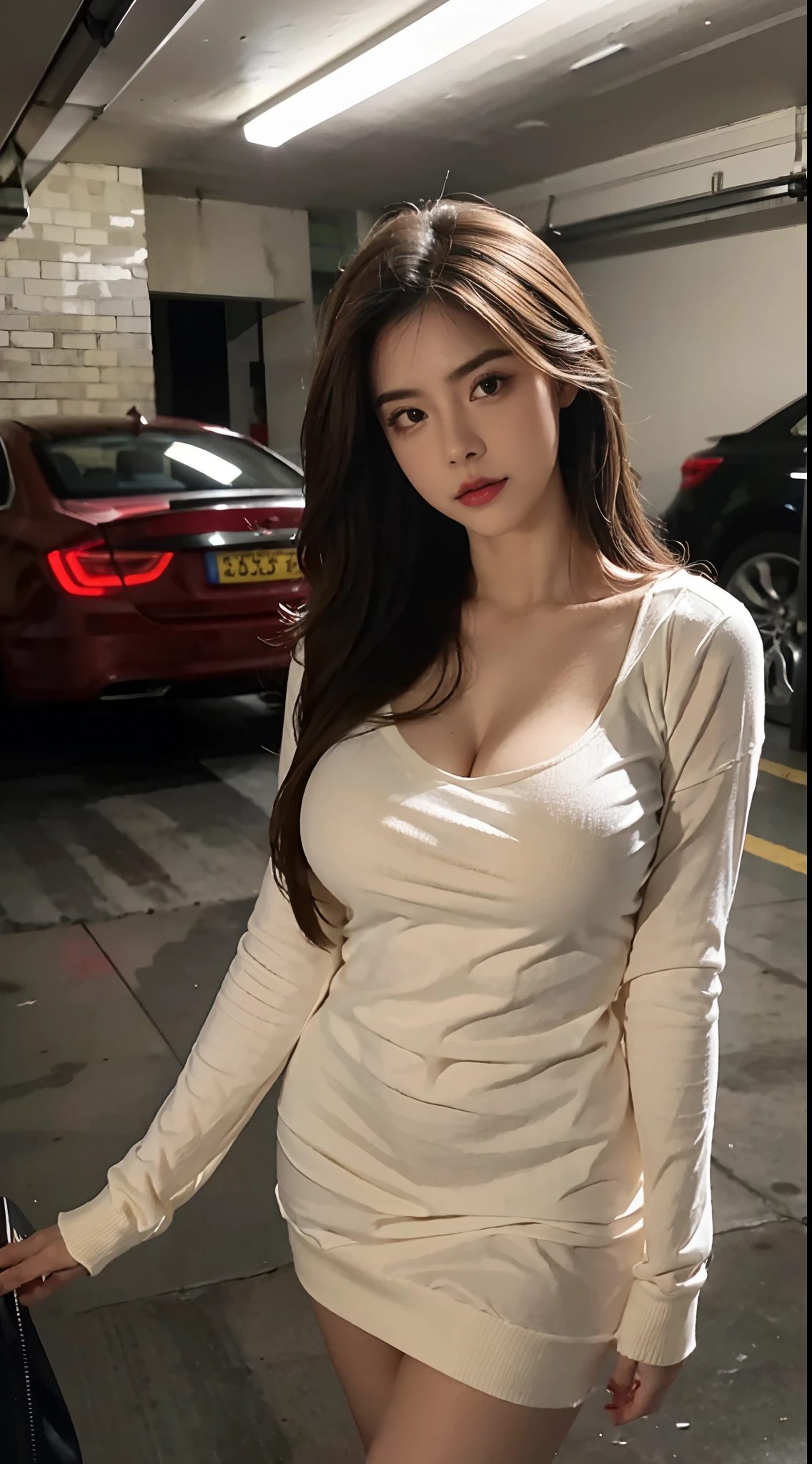 (Extremely detailed, underground parking, fine, slightly fat, busty, big breasts, big breasts, M cups, sexy, red crewneck dress, conservative, refined face, large aperture)
