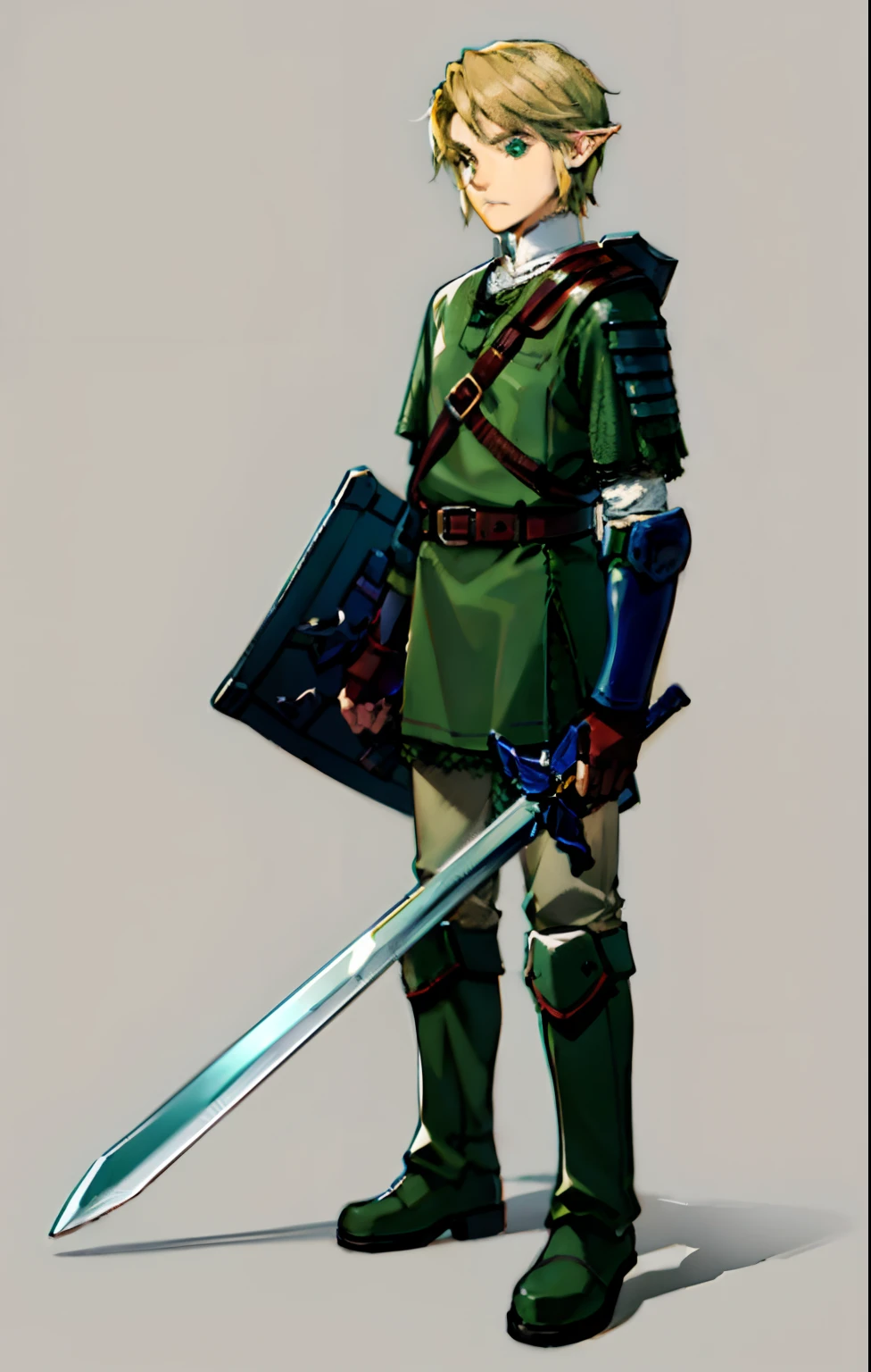 a 19-year-old boy, 1 boy,  solo, blonde short hair parted in the middle, man's short hair, without a beard, without a goatee, no facial hair, silver and dark green colored medieval knight armor, green clothes, link,(combat boots), gloves(muscular:0.4), (beige pants), (shield),sword, simple background