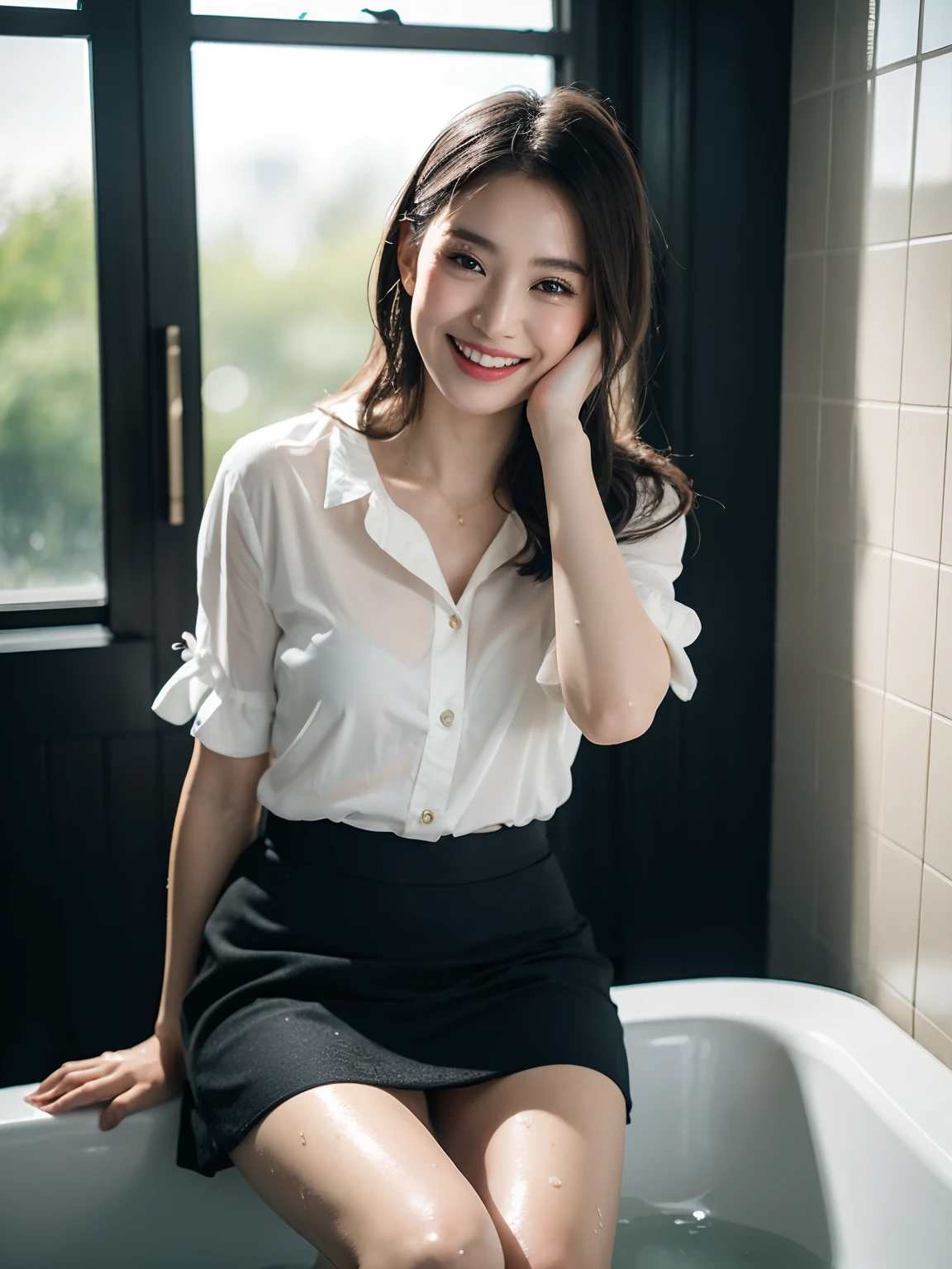 1girl，The girl sat in the bathtub laughing，hands on face, in bathroom, tinas, photoshoot for skincare brand, in bathroom, with backdrop of natural light, with a seductive smile, exclusive, Relaxed, shot on canon eos r 5, shot on a Canon EOS R5, wet blouses，short  skirt