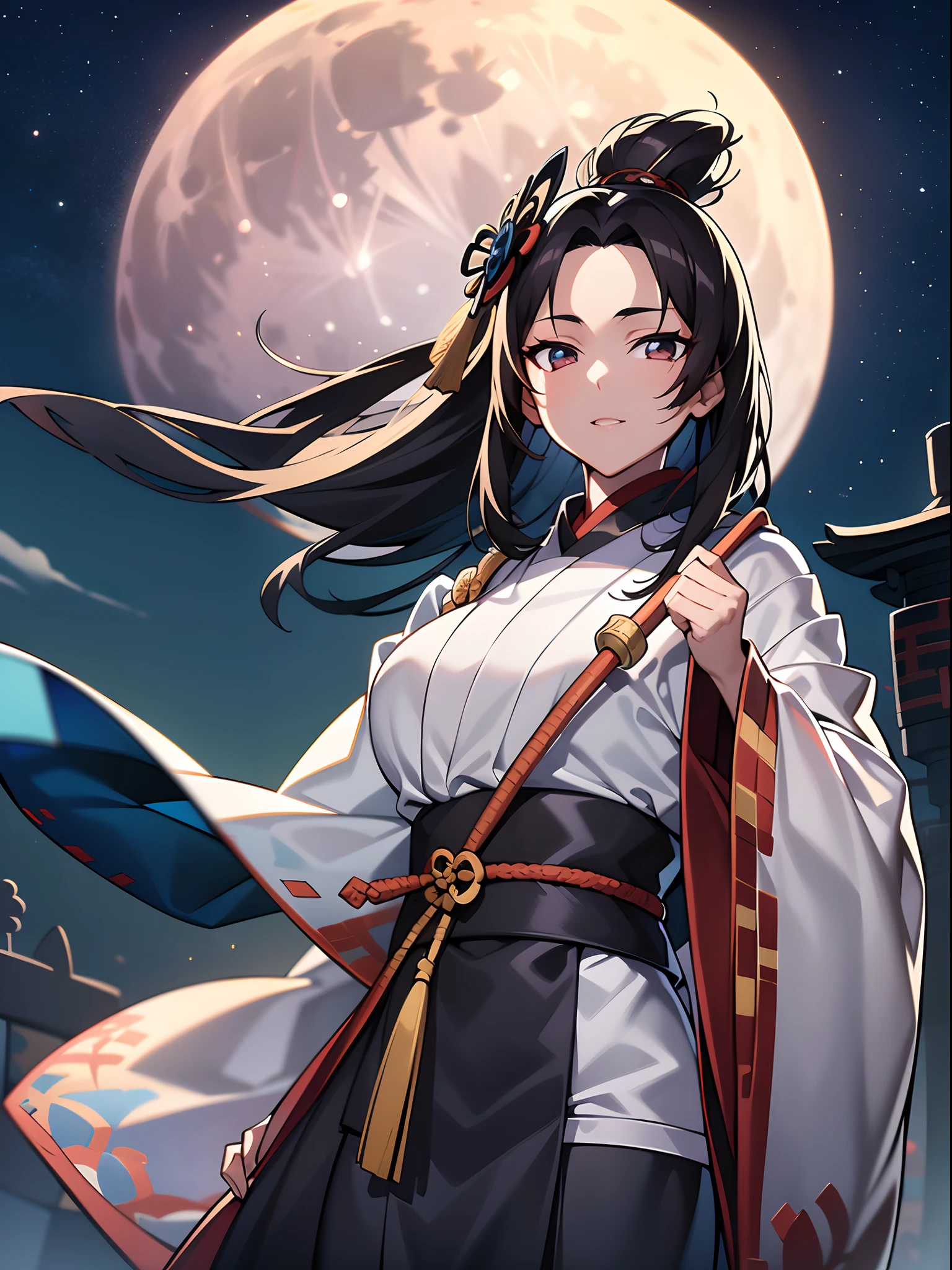 1girl,((onmyouji)),((tate eboshi)),((Big Full Moon)),the beautiful night sky,nice hands, perfect hands,upper body