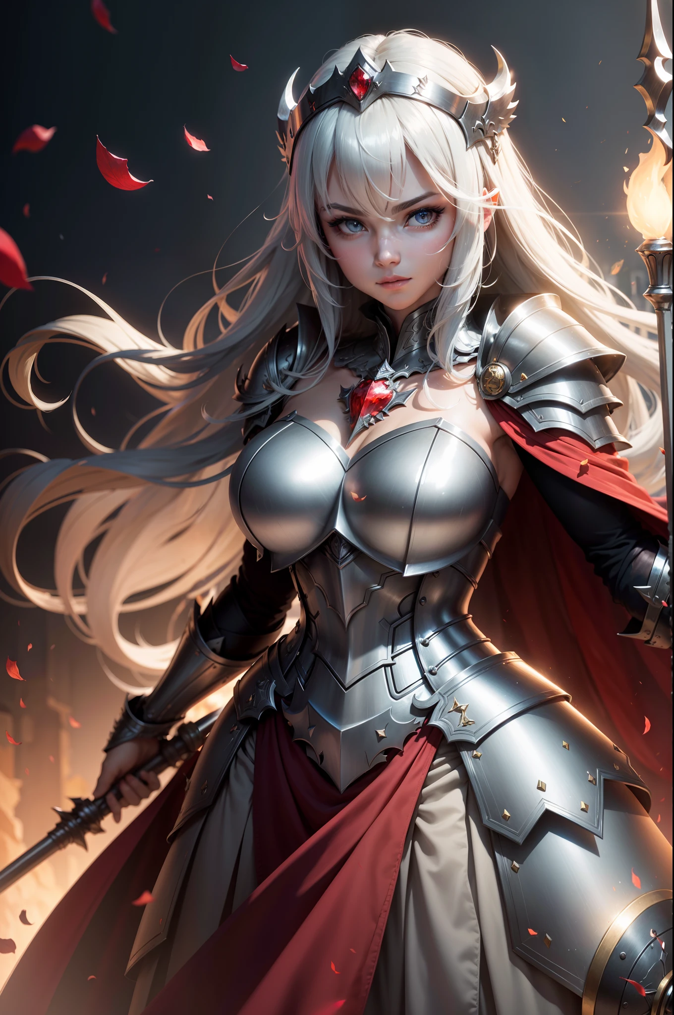 ((Equipped with an oversized and heavy scepter)),Silver quaint and heavy armor,Extra thick helmet,((The mask is smooth)),Wrap the whole body,((Red cape)),((Beautiful royal knights)),Beautiful face,Half-body view,((Pillar of light)),((feater)),(((Rose petals fall))),stereoscopic perspective,Works of masters,detail in face,super-fine,16K resolution,high qulity,电影灯光,High picture detail,dynamic viewing angle,Detailed pubic hair,Epic shooting,oc rendered,tmasterpiece,best qualtiy,high qulity,k hd,High-quality textures,High-quality shadows,high detal,realisticlying,cinematric light,Sideslit,lens flare glow,Ray traching,Sharp focus,