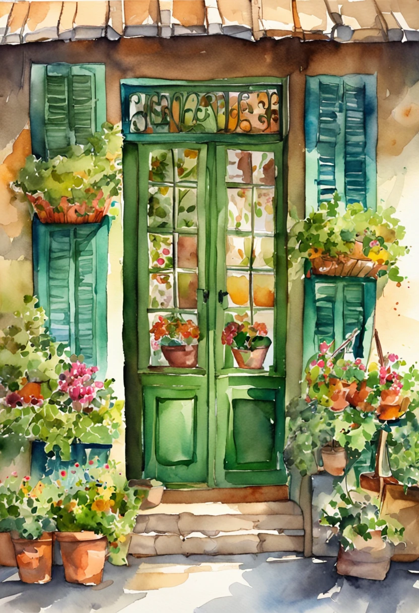 1 tree shop, there is a girl taking care of the plants, the sign is called "Chan's Garden" the shop has 1 main door and 1 green window, on the window there are potted plants and flowers
